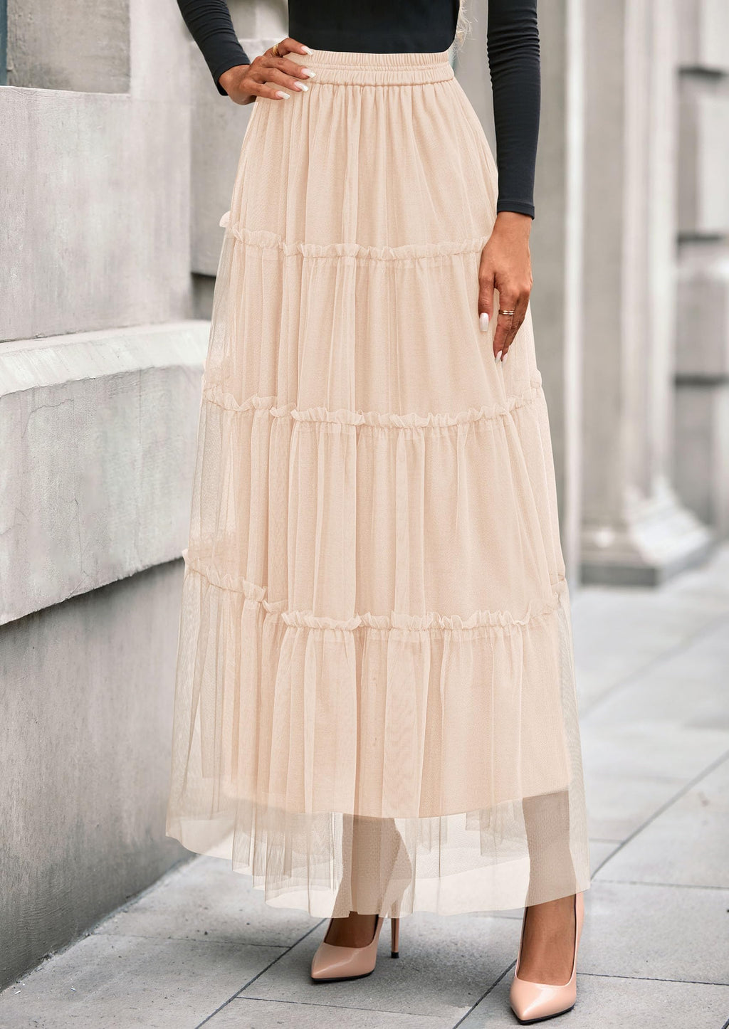 PRETTYGARDEN Tulle Skirts for Women Fall Fashion Elastic High Waisted Fairy Tiered Flowy A-Line Casual Maxi Long Skirt