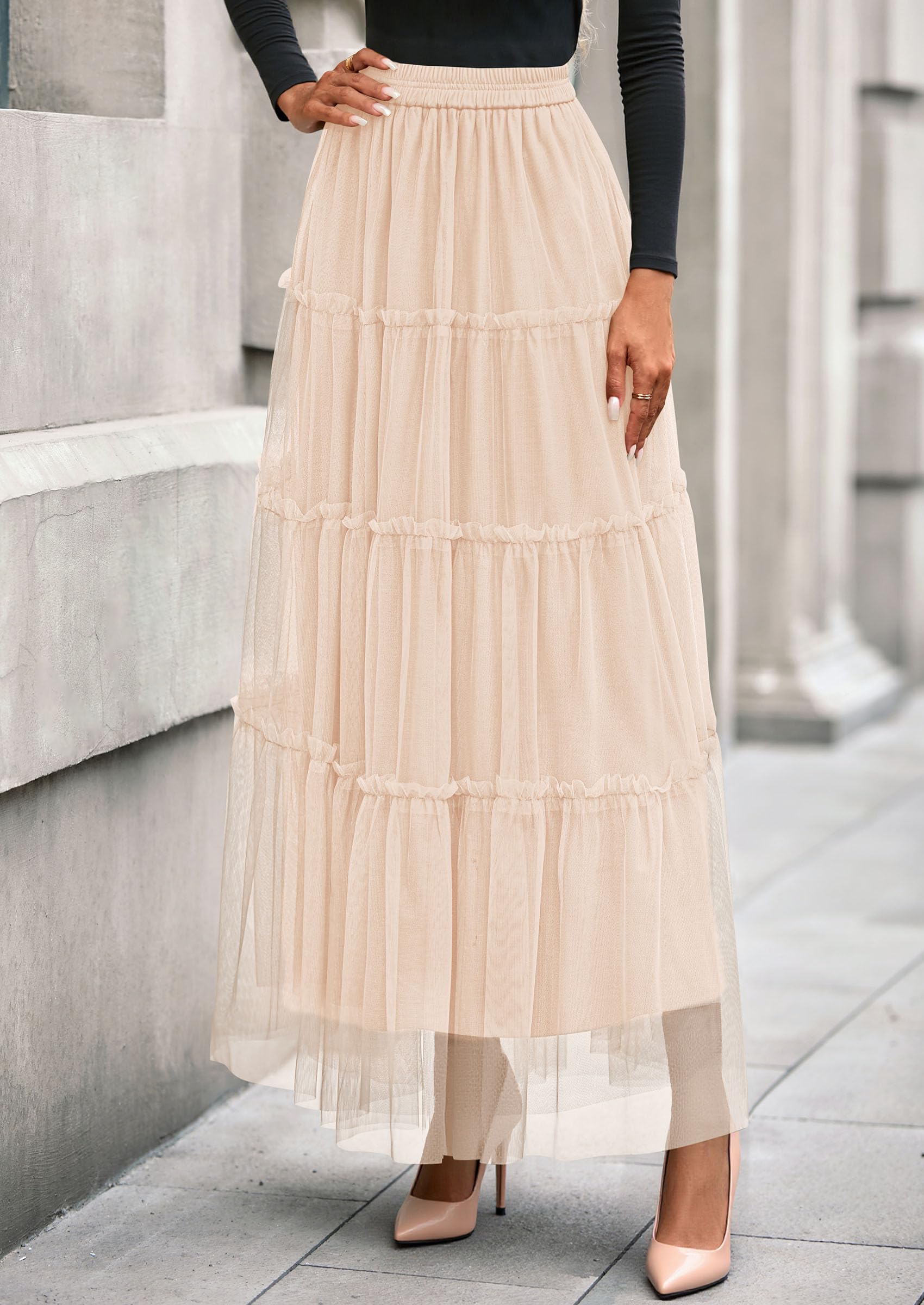 PRETTYGARDEN Tulle Skirts for Women Fall Fashion Elastic High Waisted Fairy Tiered Flowy A-Line Casual Maxi Long Skirt