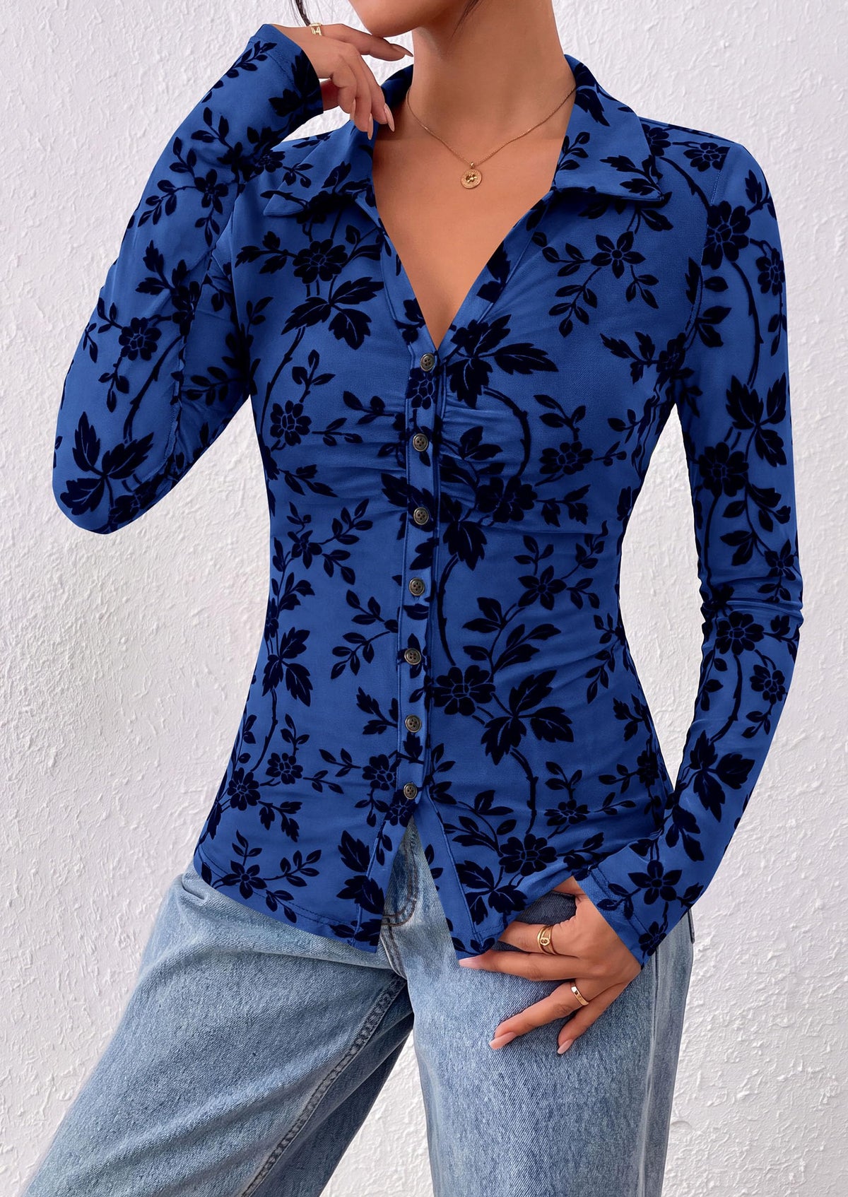 PRETTYGARDEN Women's Long Sleeve Floral Mesh Boho Tops Button Down Shirts Fall Blouses Dressy, Ruched Slim Fit, Collared V Neck, Trendy Going Out Date Night Outfit, Elegant Casual Work Office Clothes