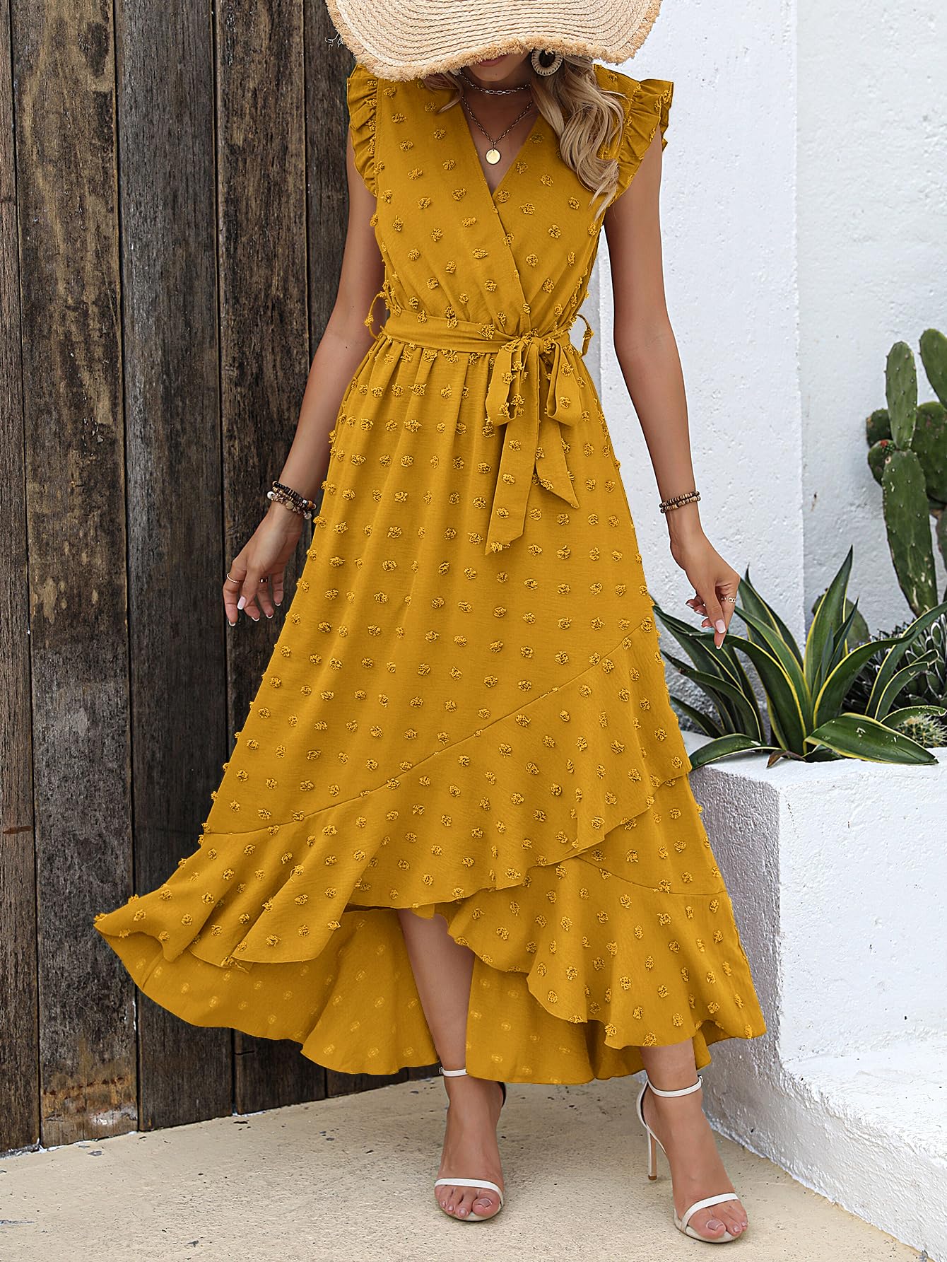 BTFBM Boho Dresses for Women Spring Fashion Cap Sleeve Swiss Dot Flowy Ruffle Beach Wedding Cocktail Maxi Dress