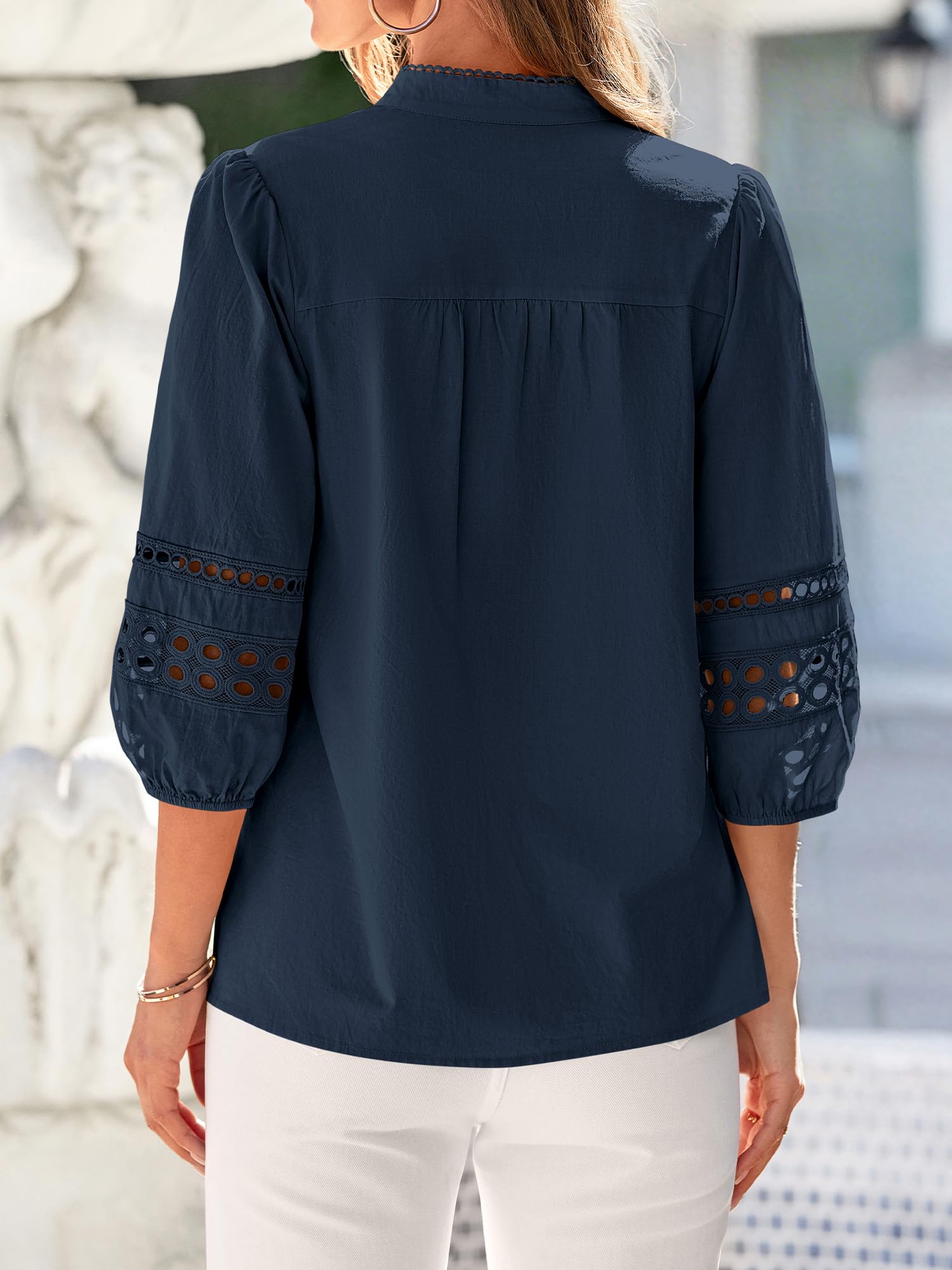 BTFBM 3/4 Length Sleeve Womens Tops Summer Blouses Eyelet Hollow Out Button Down Shirts Business Casual Outfits