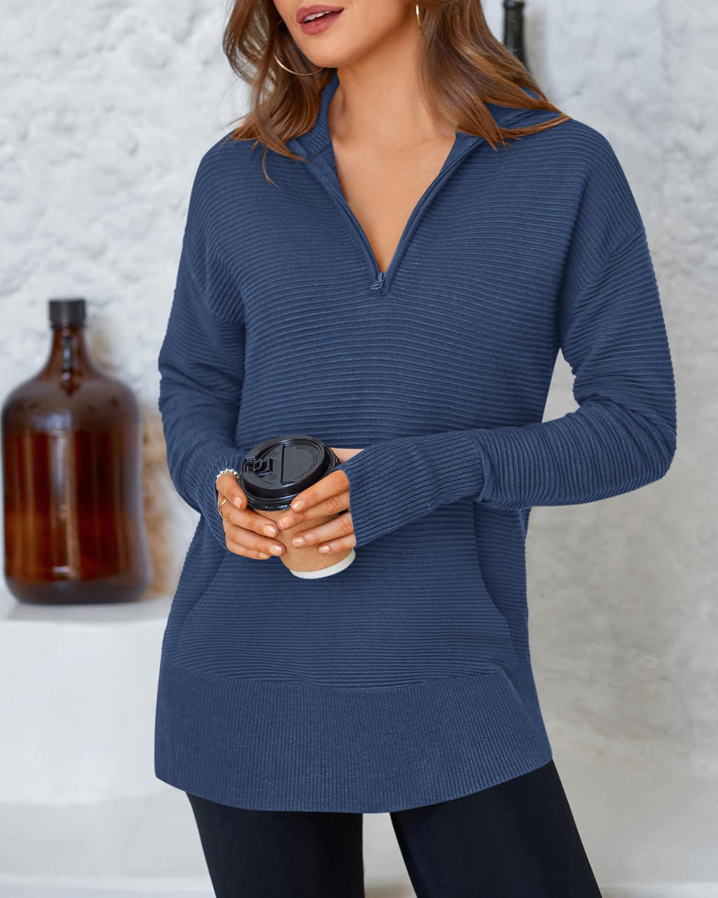 BTFBM Sweaters for Women Fall Clothes Pocket Quarter Zip Pullover V Neck Long Sleeve Knit Trendy Winter Sweater