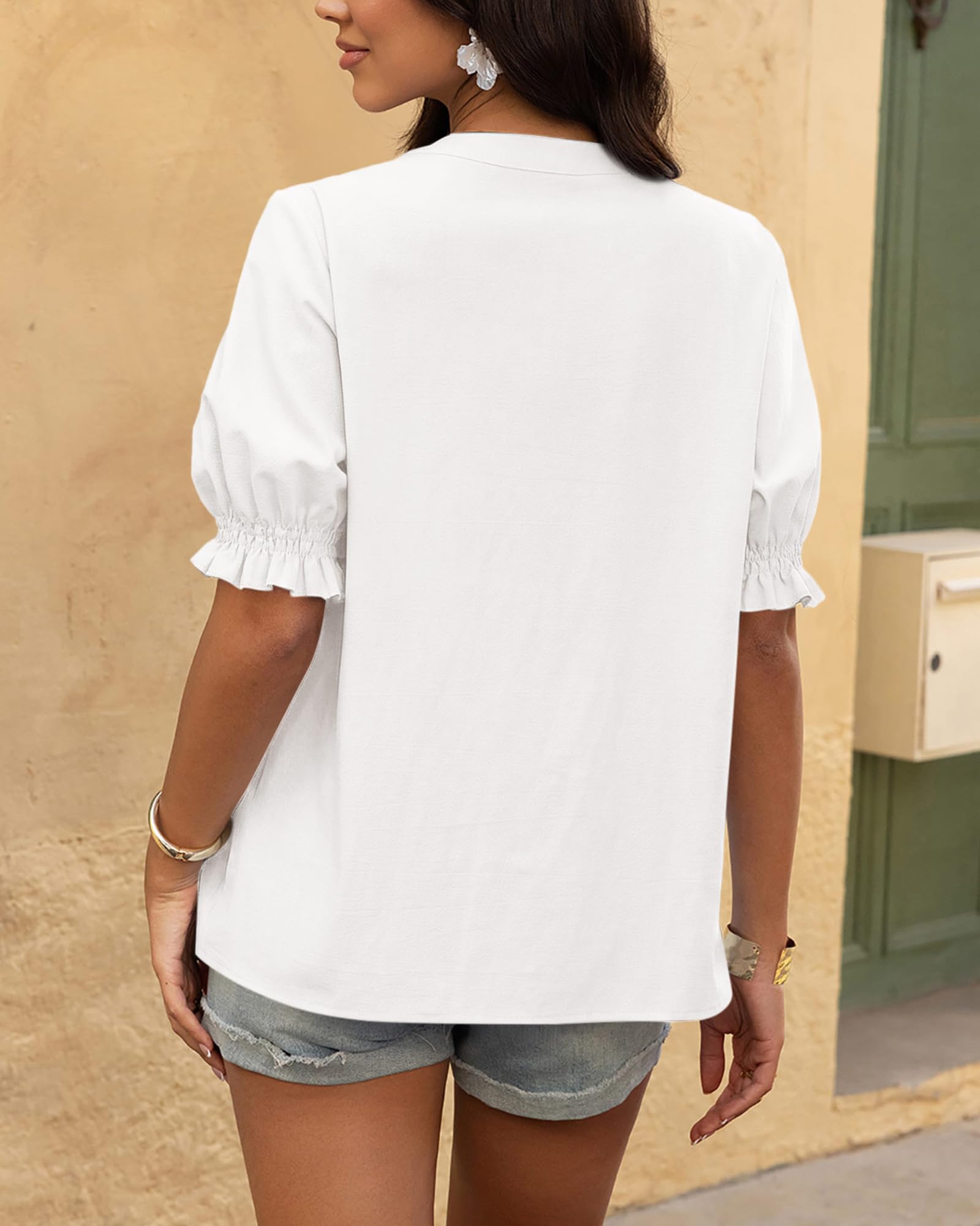 BTFBM Women's Spring Tops Casual Floral Boho V Neck Puff Short Sleeve Button Down Shirts Embroidered Blouses Tunic