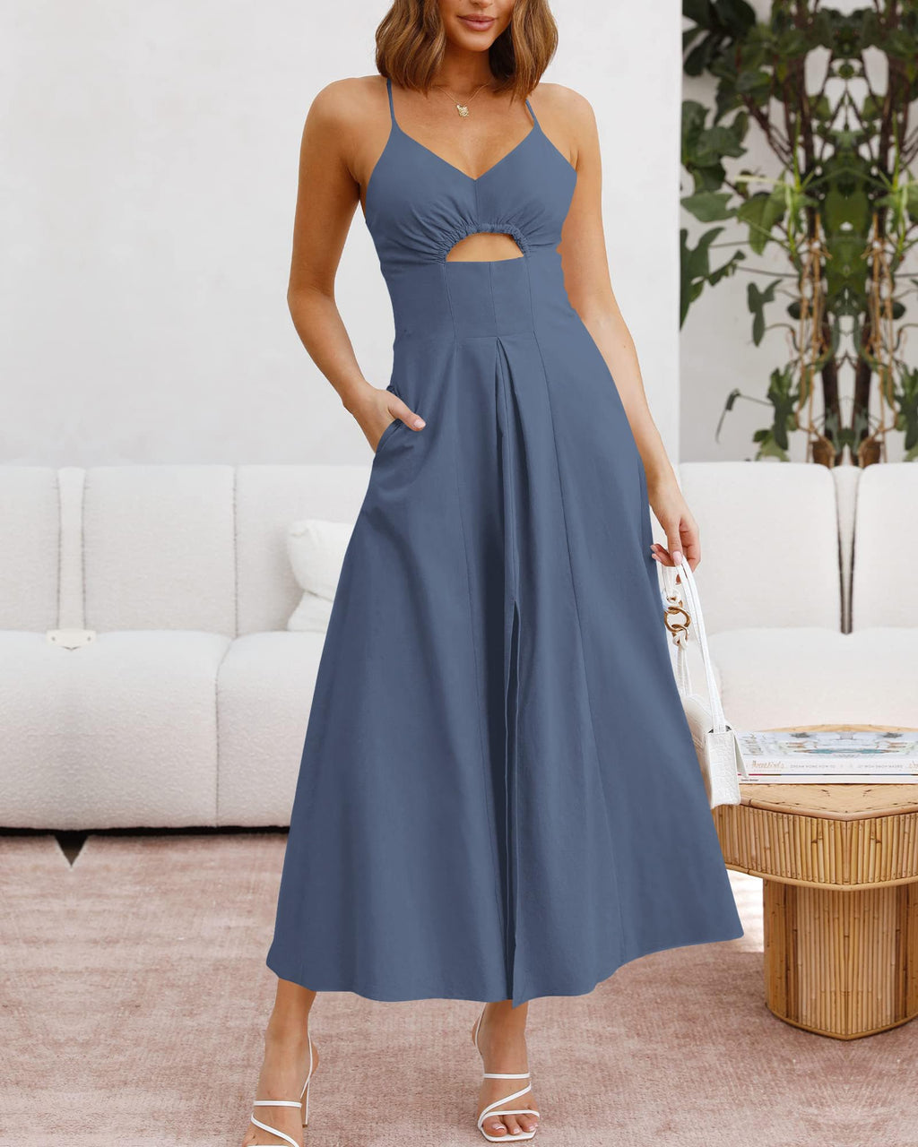 BTFBM Women Spaghetti Strap Midi Summer Dresses Sleeveless V Neck Cutout Slit Casual Beach Party Maxi Dress Pockets