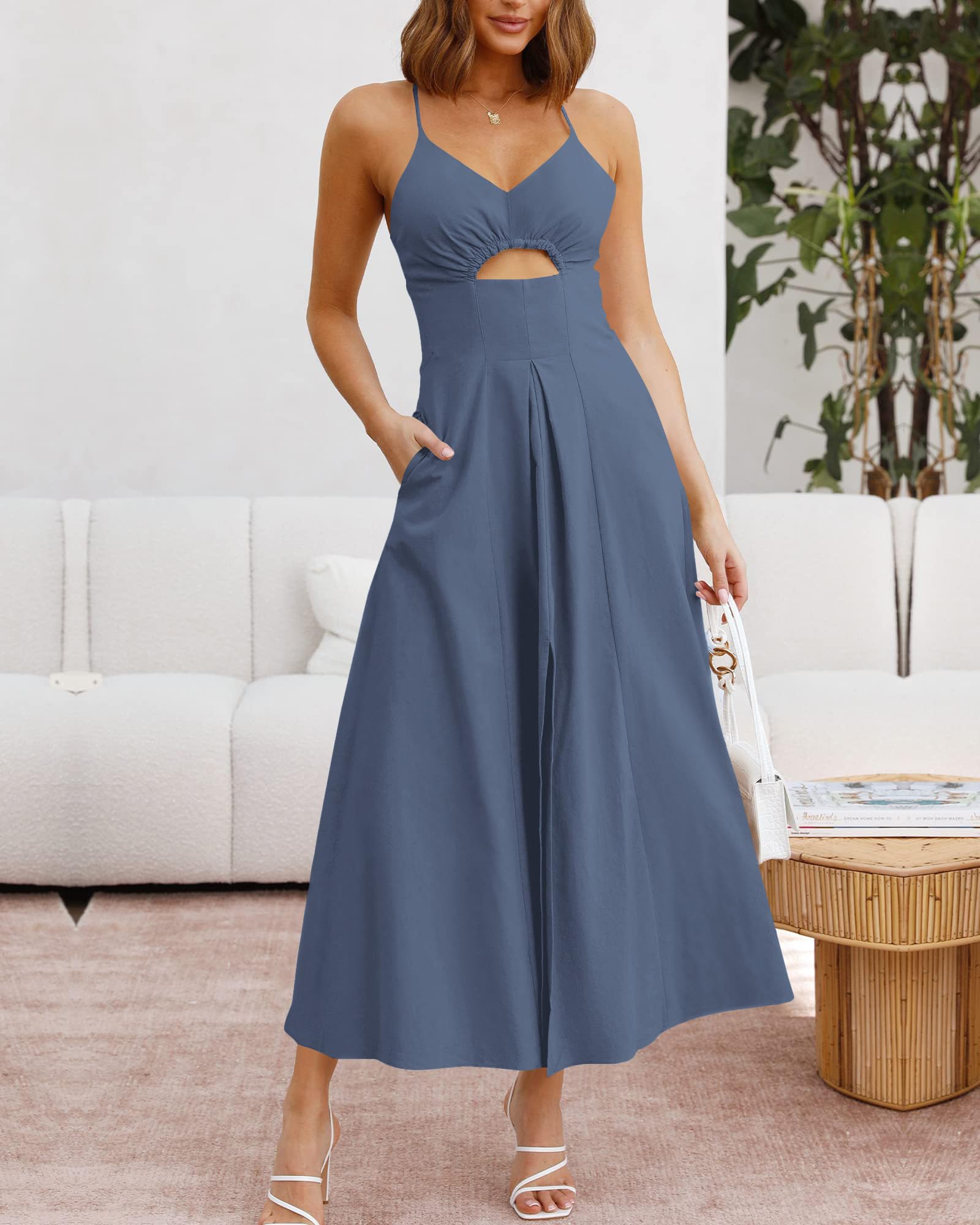 BTFBM Women Spaghetti Strap Midi Summer Dresses Sleeveless V Neck Cutout Slit Casual Beach Party Maxi Dress Pockets