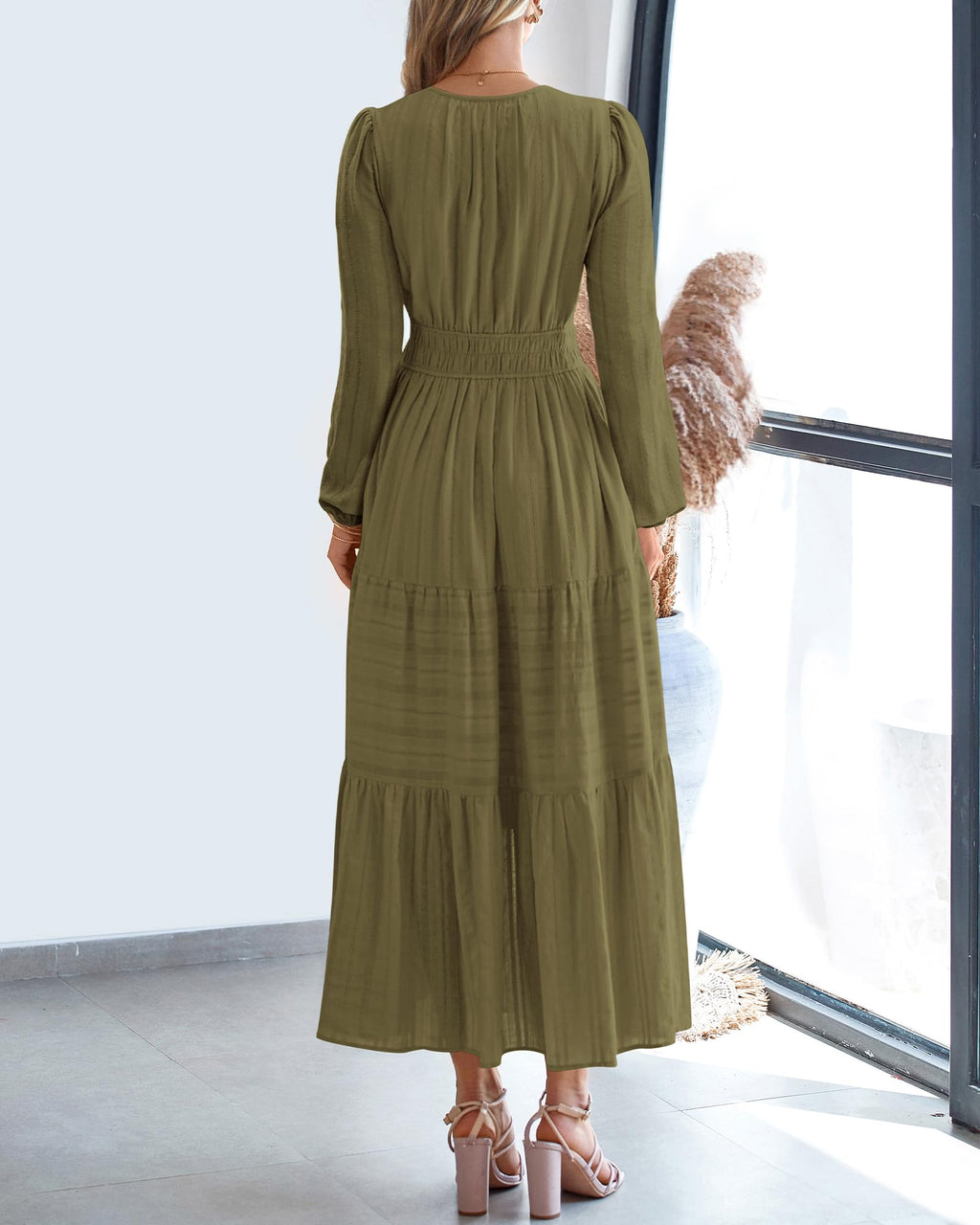 FreshPretty Fall Dresses for Women Casual Long Sleeve V Neck Elastic Waist Lightweight Maxi Wedding Guest Dress Pockets