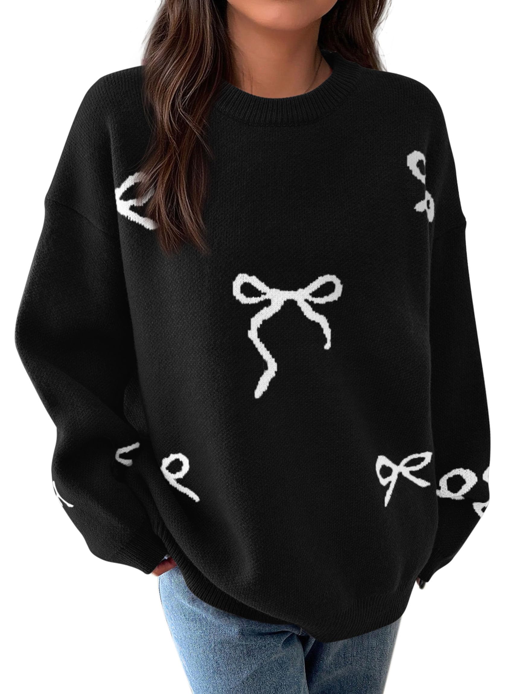 PRETTYGARDEN Fall Long Sleeve Pullover Sweaters for Women Trendy Crewneck Casual Cute Bow Chunky Knit Oversized Sweater