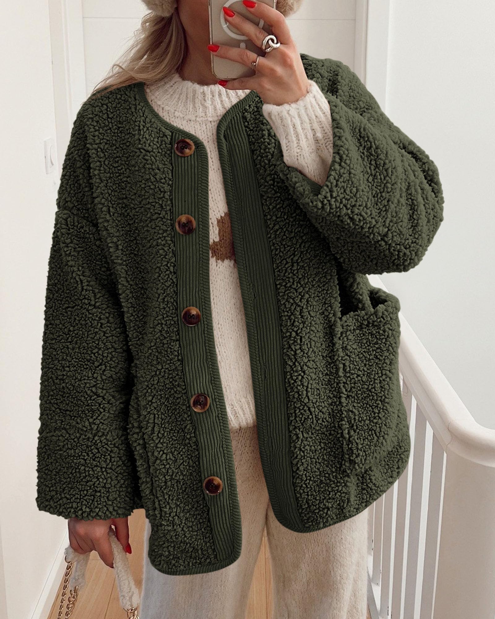 PRETTYGARDEN Women's Winter Coats Long Sleeve Button up Fuzzy Sherpa Fleece Jackets Outerwear Fall Fashion Clothes