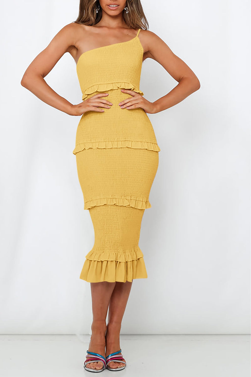 PRETTYGARDEN Women's Summer Midi Bodycon Dresses One Shoulder Strappy Tiered Ruffle Floral Boho Sun Dress