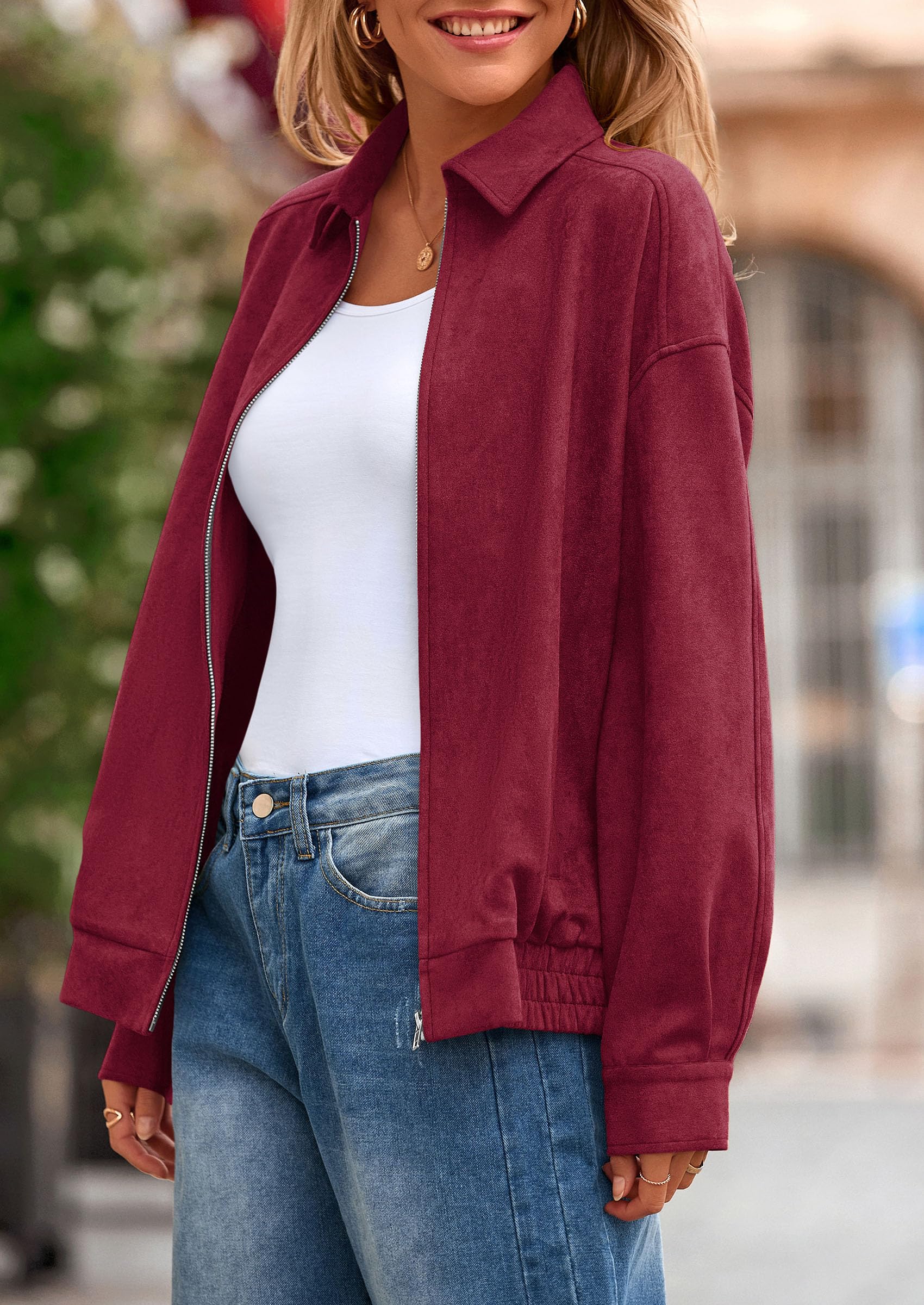 PRETTYGARDEN Faux Suede Bomber Jacket Women Fall Fashion Casual Zip Up Oversized Trendy Winter Clothing Outerwear Coats