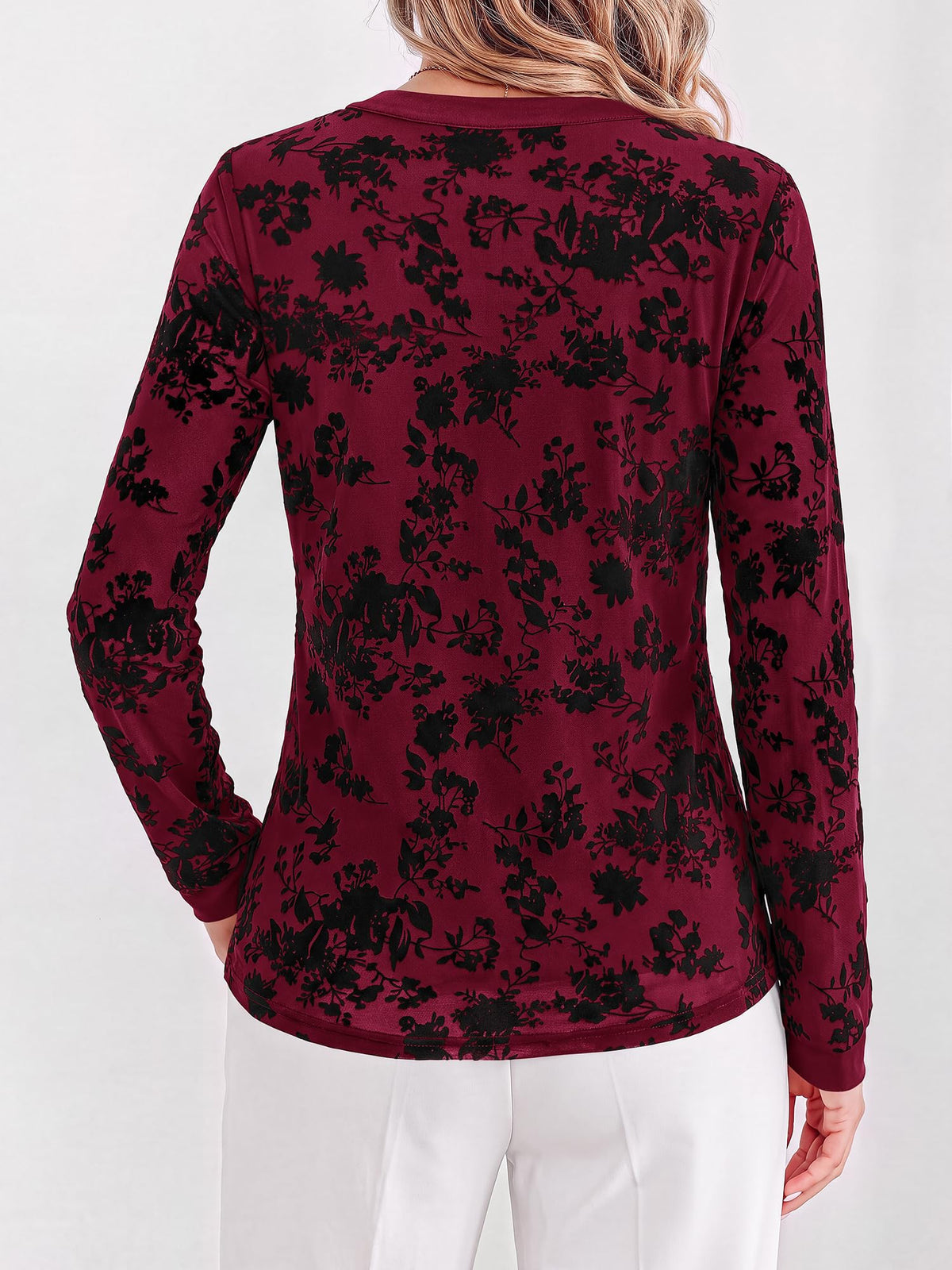 BTFBM Womens Tops Floral Sheer Mesh Long Sleeve Blouses Dressy Casual V Neck Flocked Mesh Shirts,Velvet-Like Flowers,Double Layered,Loose Fit Tunics,Business Casual Top,Fall Fashion Clothing