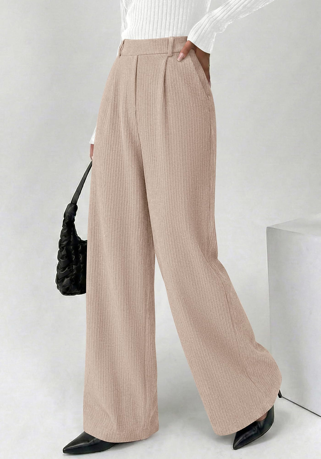 BTFBM Wide Leg Pants for Women Dressy Work Business Casual Elastic High Waisted Trousers Ribbed Lounge Palazzo Pants