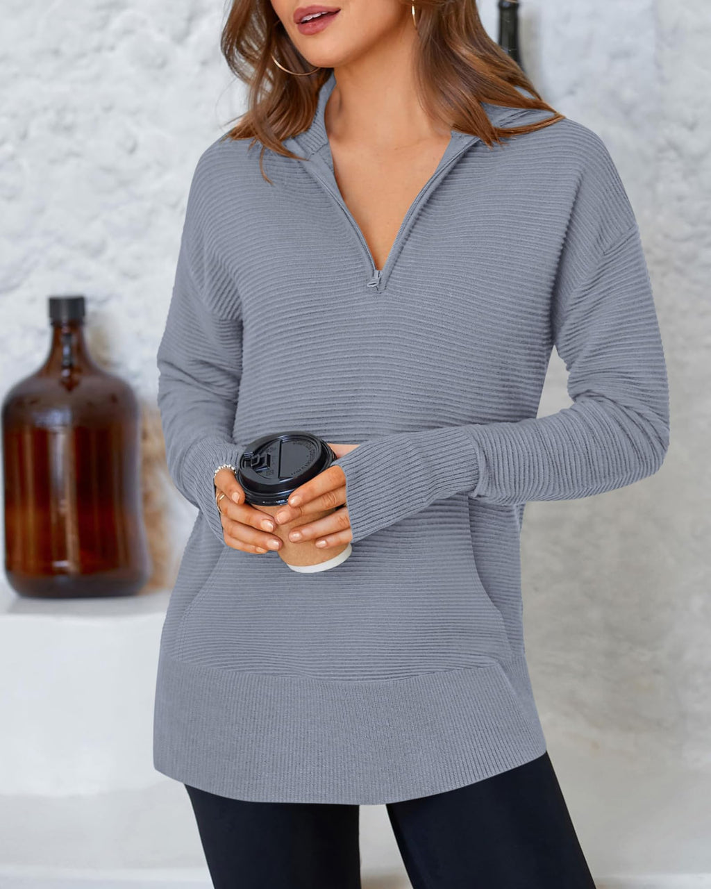 BTFBM Sweaters for Women Fall Clothes Pocket Quarter Zip Pullover V Neck Long Sleeve Knit Trendy Winter Sweater