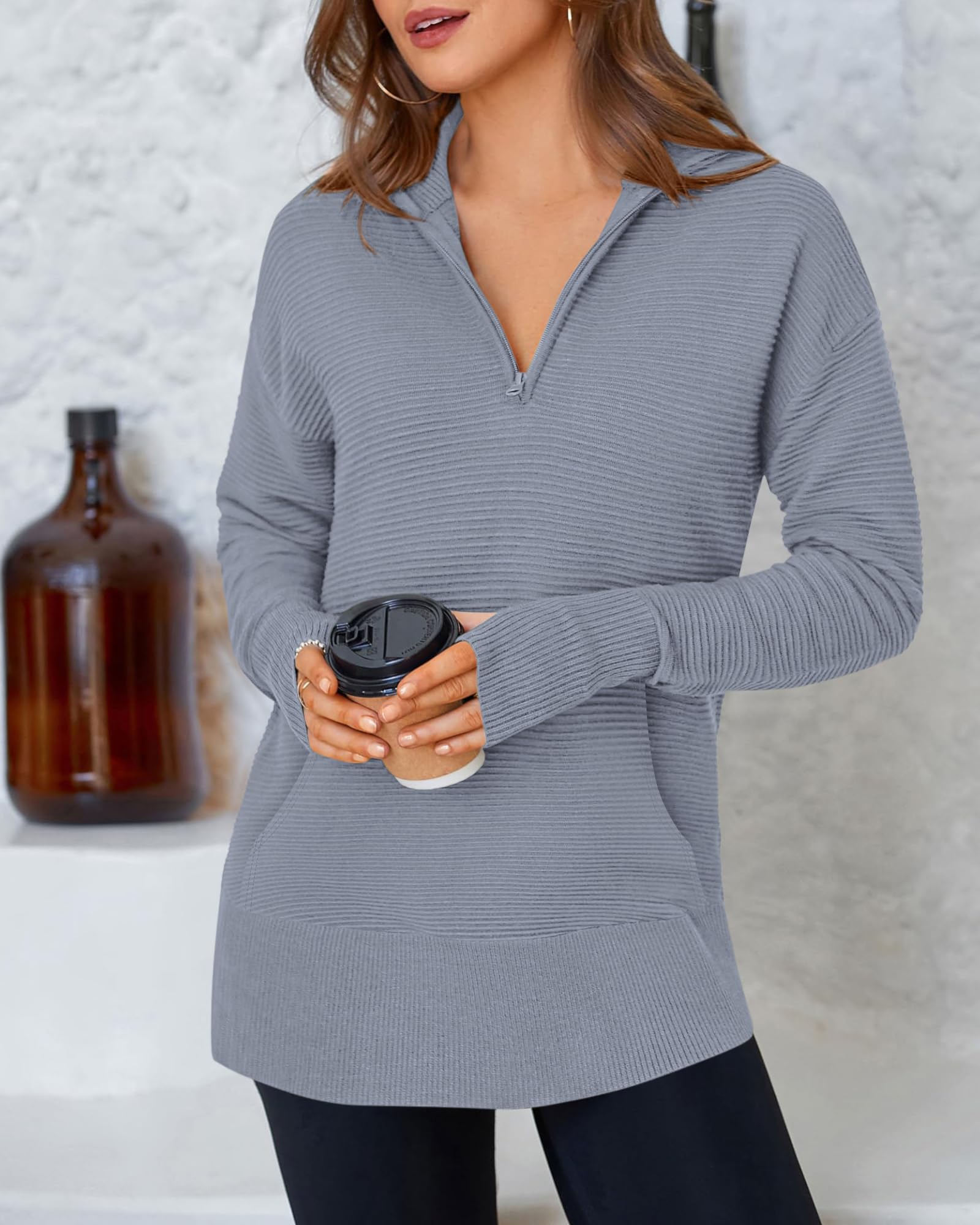 BTFBM Sweaters for Women Fall Clothes Pocket Quarter Zip Pullover V Neck Long Sleeve Knit Trendy Winter Sweater