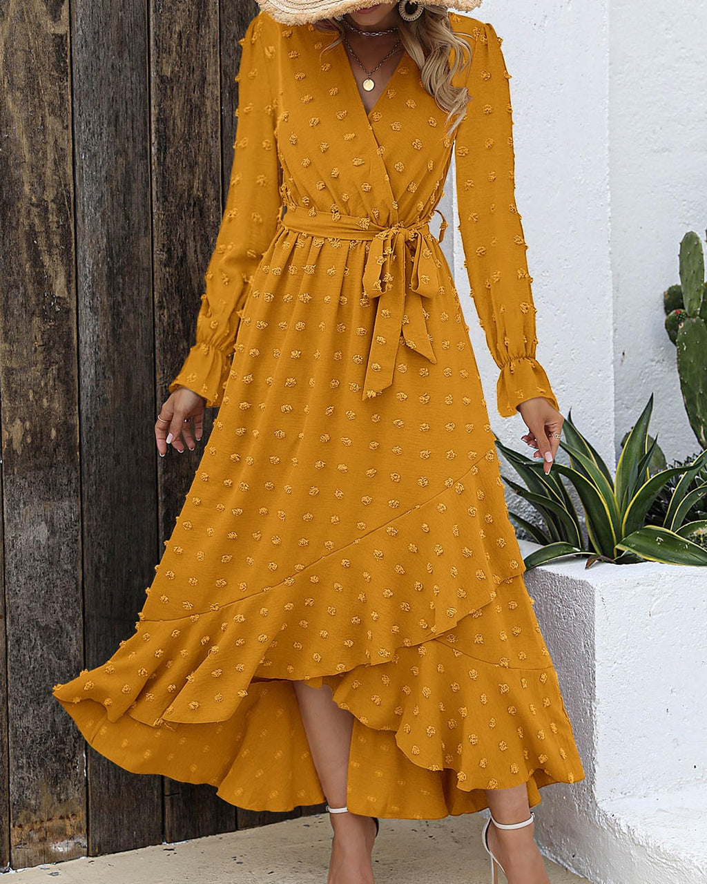 FreshPretty Long Sleeve Maxi Dresses for Women V Neck Swiss Dot Boho Flowy Slit Cocktail Wedding Guest Dress Fall Clothes