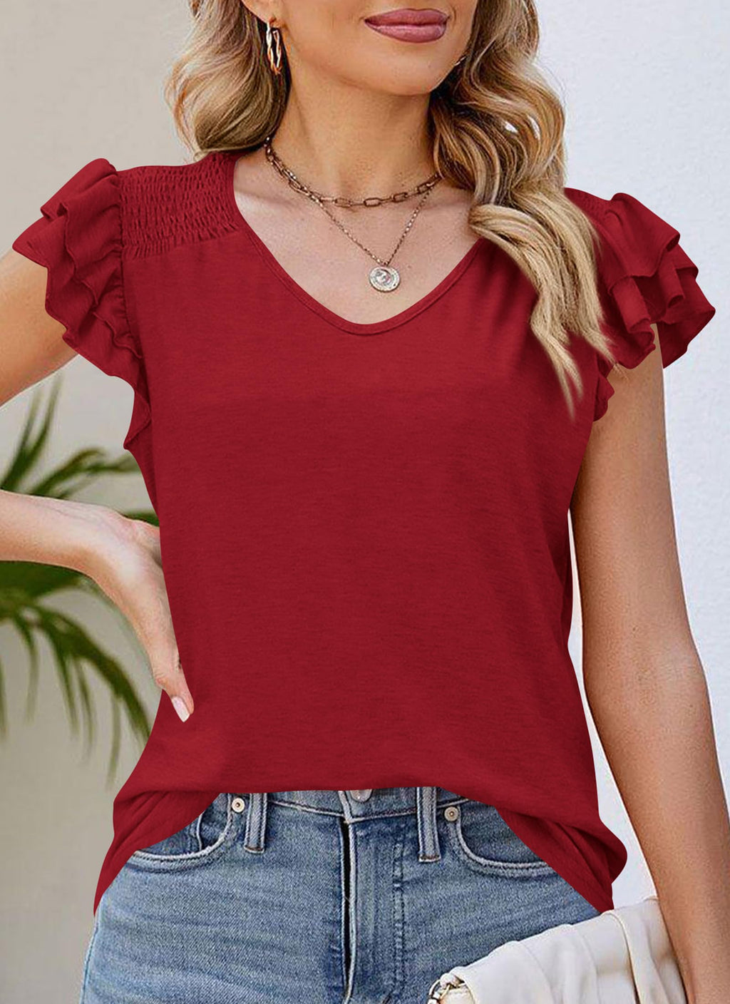 PRETTYGARDEN Summer Tops for Women Spring Trendy Fashion Clothes Casual Ruffle V Neck Short Sleeve Shirts Blouses