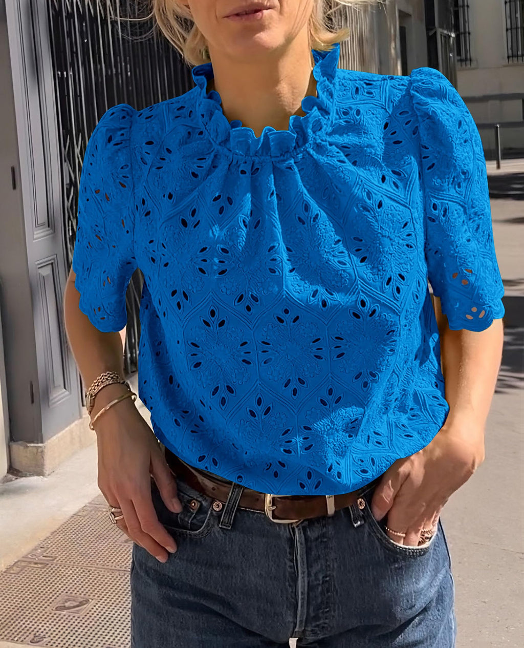 PRETTYGARDEN Womens Summer Tops Trendy Short Sleeve Eyelet Embroidered Dressy Casual Blouse Shirts