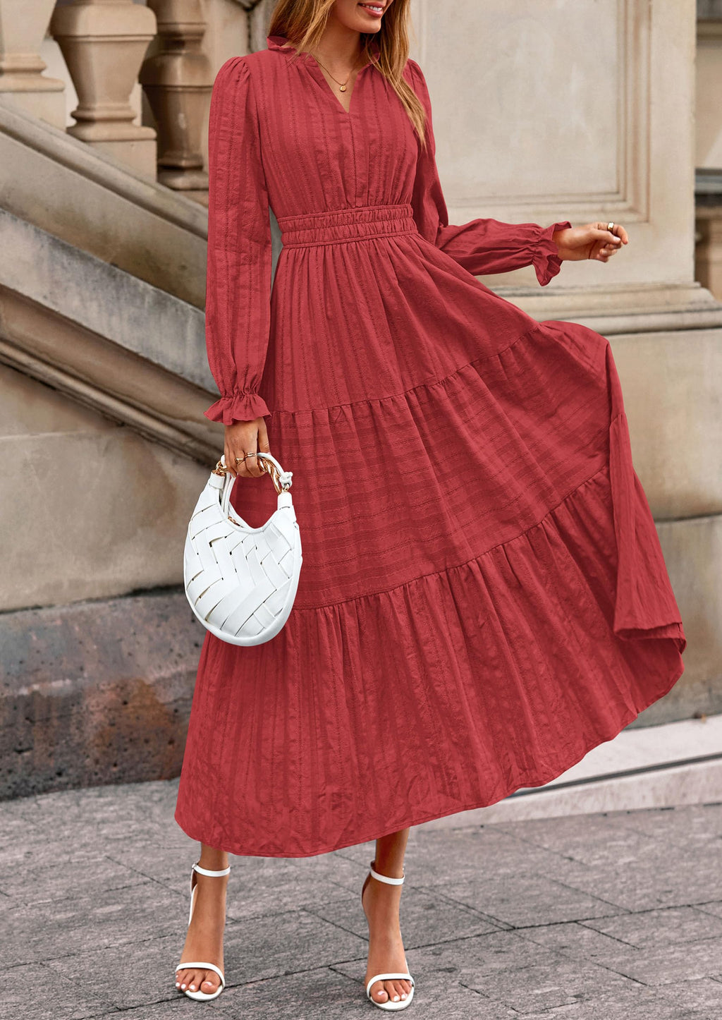 PRETTYGARDEN Women's Fall Wedding Guest Dresses Long Sleeve V Neck Flowy Elegant Holiday Party Maxi Dress with Pockets