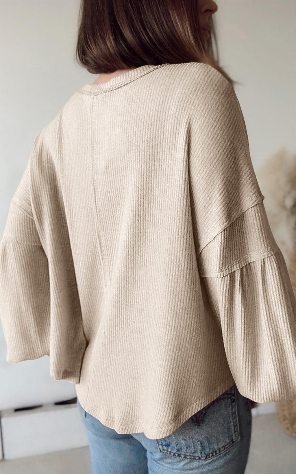 BTFBM Womens Fall Fashion Long Sleeve Shirts Casual V Neck Ribbed Knit Blouses Pullover Trendy Loose Fit Tunic Tops