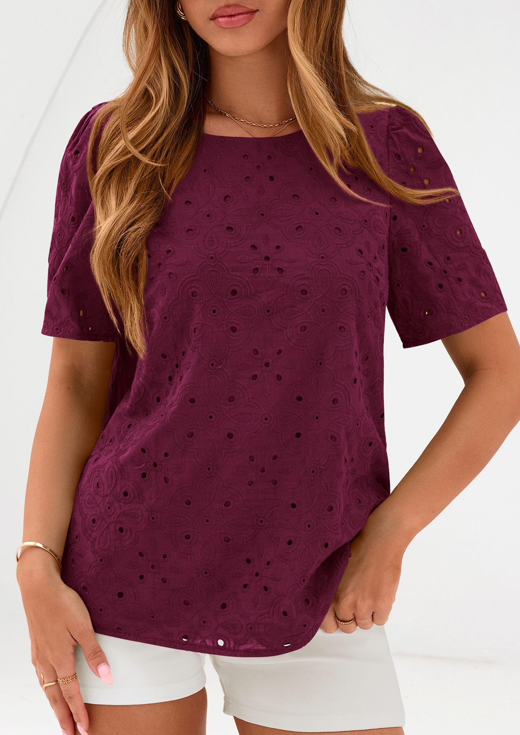 PRETTYGARDEN Women's Puff Short Sleeve Eyelet Shirts Summer Lace Blouses Dressy Casual Work Tops Spring Teacher Clothes