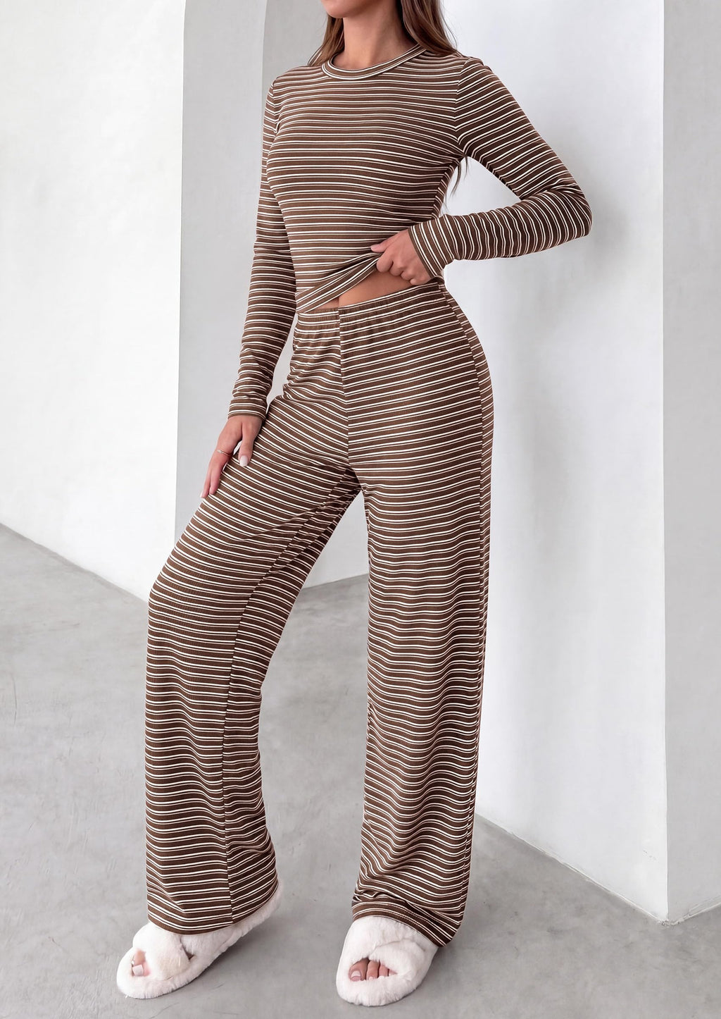 PRETTYGARDEN Women 2 Piece Striped Lounge Sets Soft Cozy Knit, Matching Airport Travel Outfits, Long Sleeve Shirts, Wide Leg Pants Pockets, Fall Winter Comfy Casual Clothes