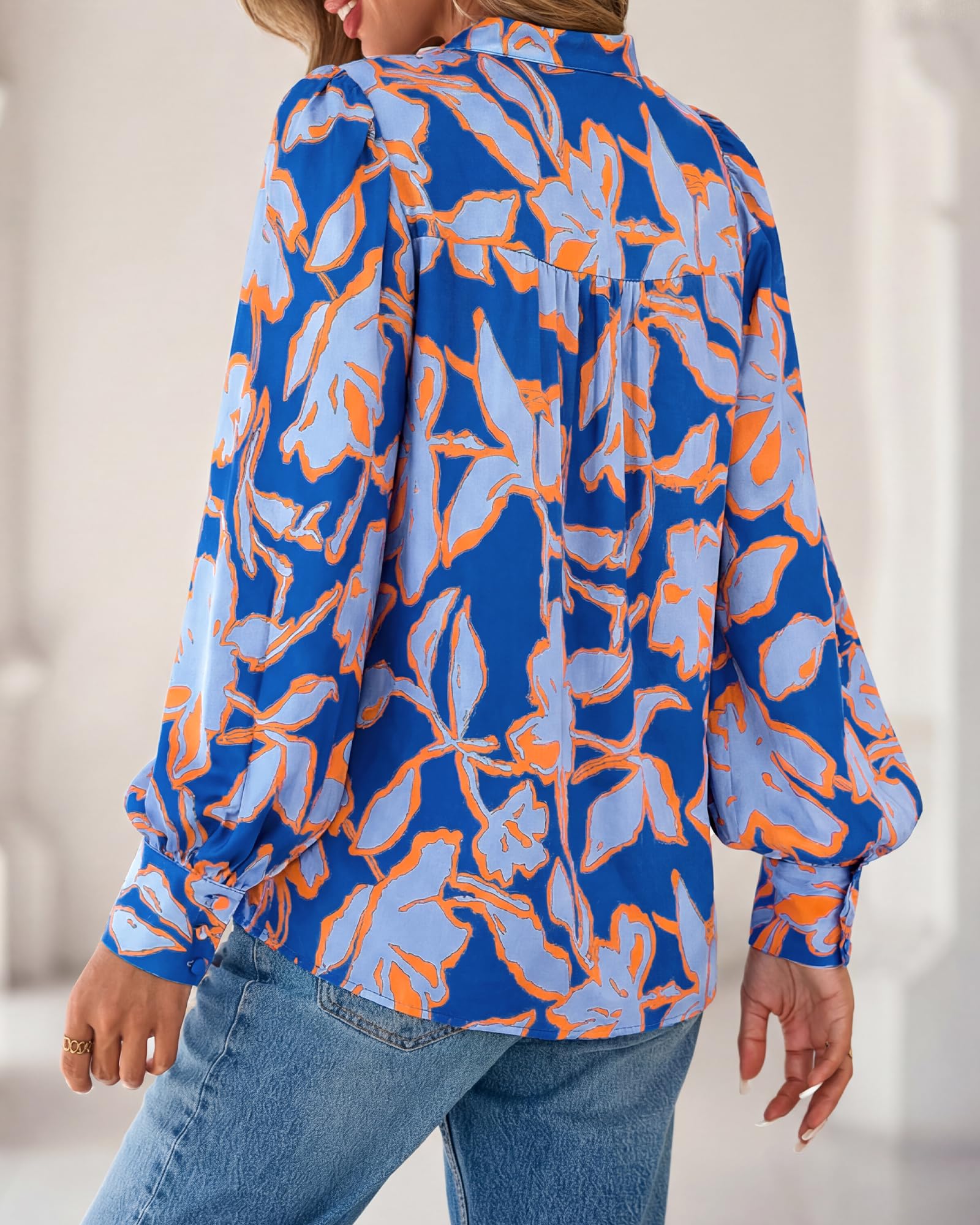 BTFBM Womens Tops Dressy Casual Spring Boho Floral V Neck Long Sleeve Half Button Down Shirt Work Business Blouses