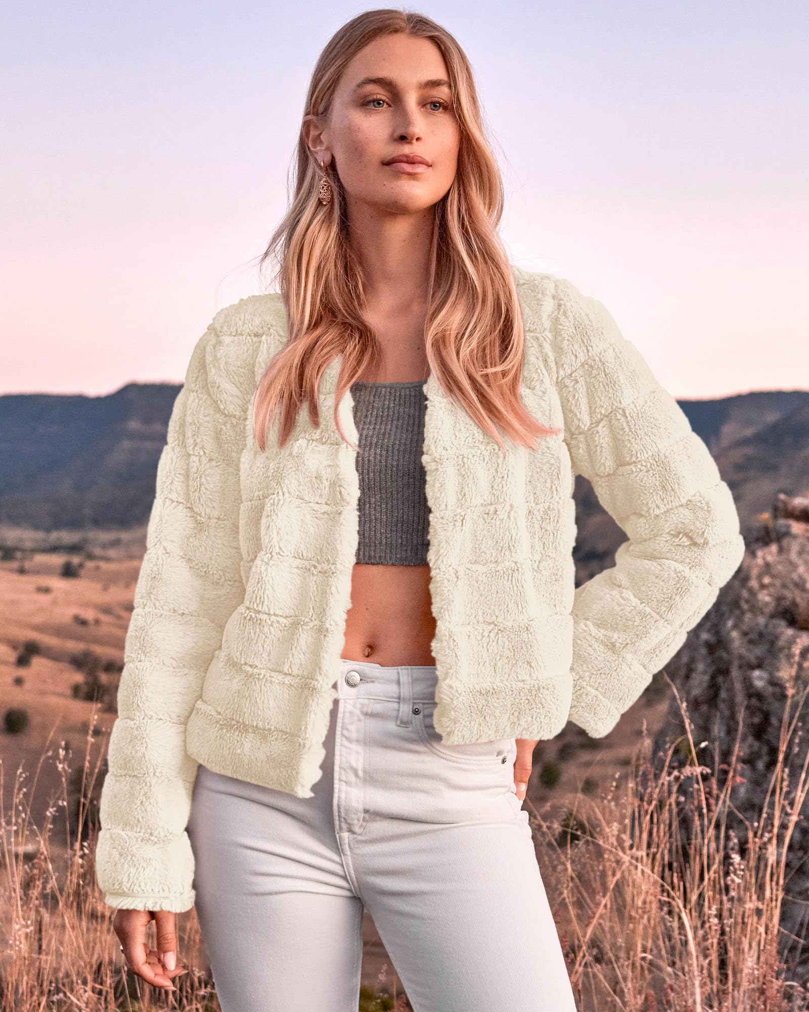 FreshPretty Winter Coats For Women Faux Fur Jacket Soft Long Sleeve Fluffy Open Front Outerwear Fall Outfits