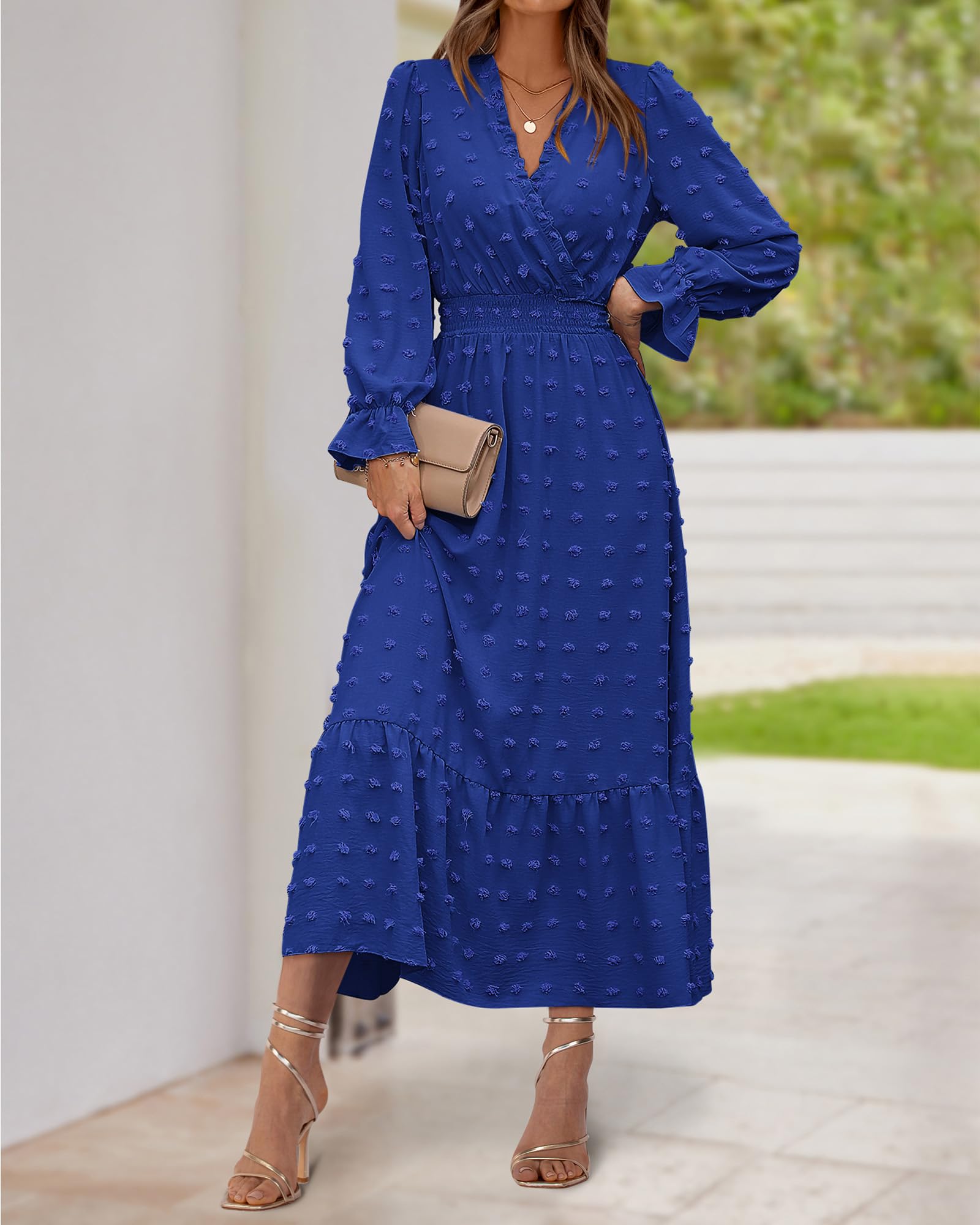 FreshPretty Women Fall Maxi Dresses Long Sleeve V Neck Swiss Dots High Waisted A-Line Ruffle Boho Long Dress Vacation