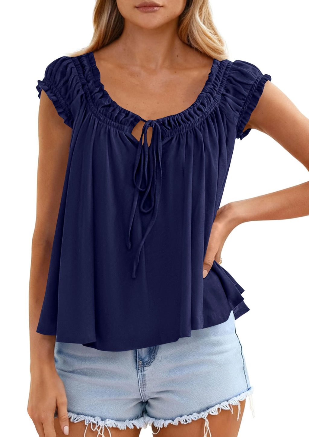 PRETTYGARDEN Women Babydoll Tops Summer Clothes Cap Sleeve Tie Front Flowy Tank Top Peplum Blouses Cute Going Out Shirts