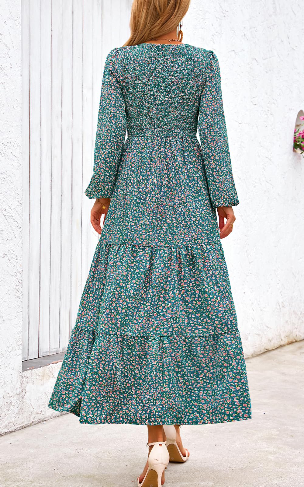 PRETTYGARDEN Women's Fall Dresses Long Sleeve Flowy Casual Floral Maxi Dress Crew Neck Smocked Tiered Long Dress