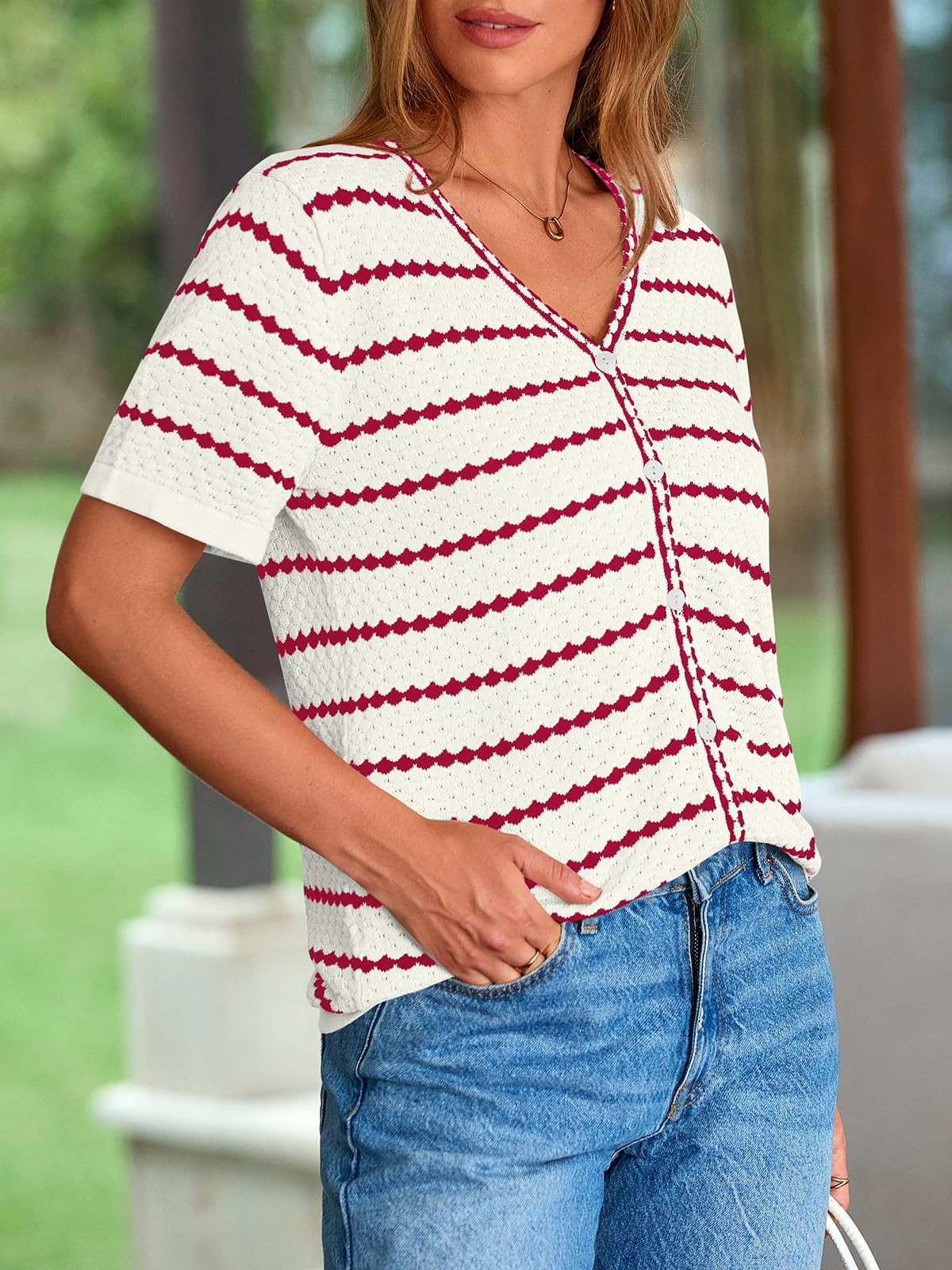 FreshPretty Women's Short Sleeve Sweater Spring Summer Crochet Knit Tops V Neck Striped Button Down Dressy Casual Blouses