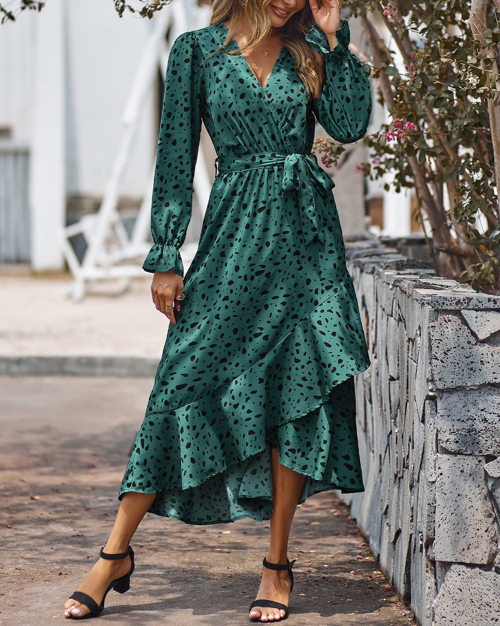 BTFBM Womens Dresses Summer V Neck Floral High Waist Ruffle Wedding Guest Cocktail Boho Spring Long Sleeve Dress