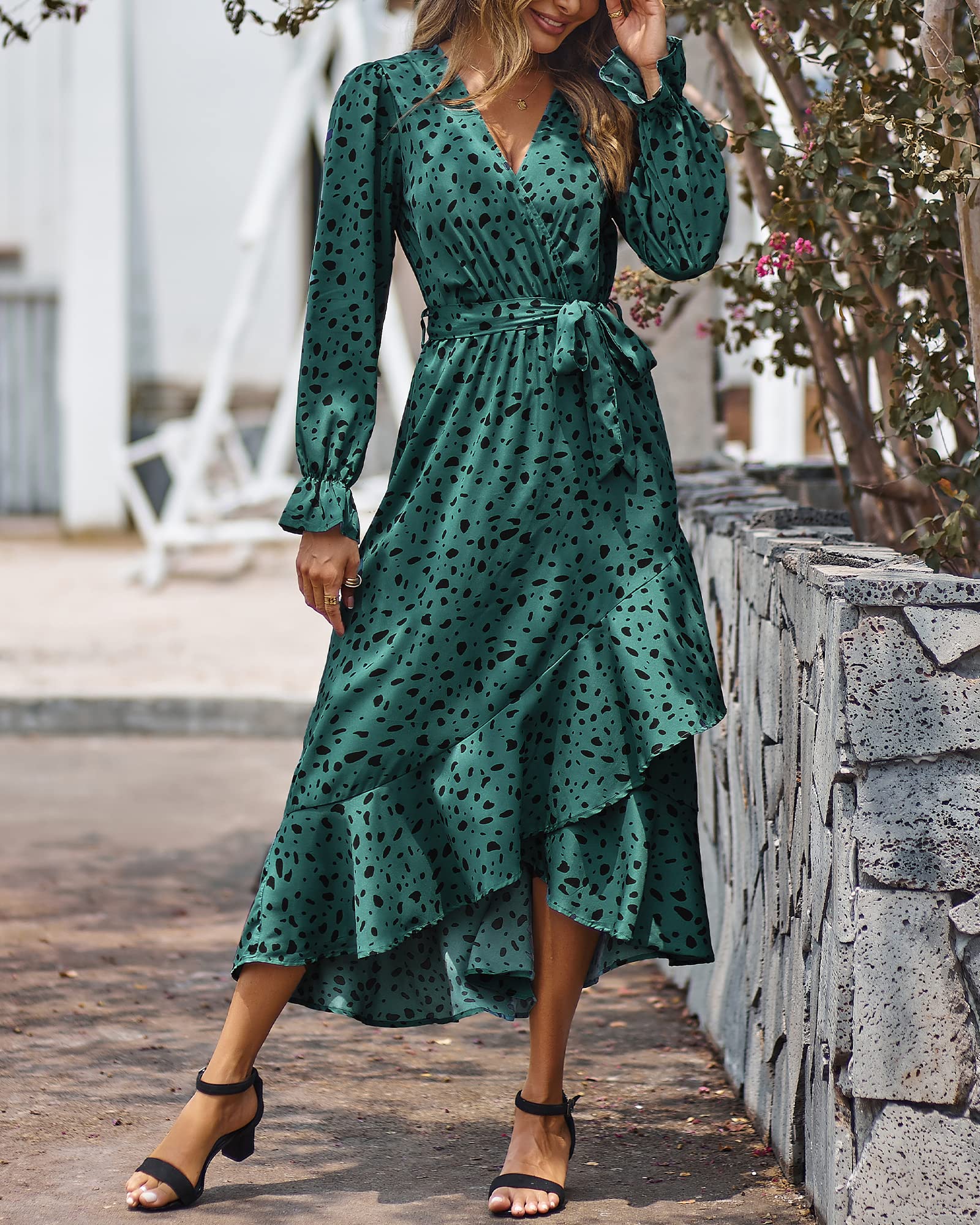 BTFBM Womens Dresses Summer V Neck Floral High Waist Ruffle Wedding Guest Cocktail Boho Spring Long Sleeve Dress