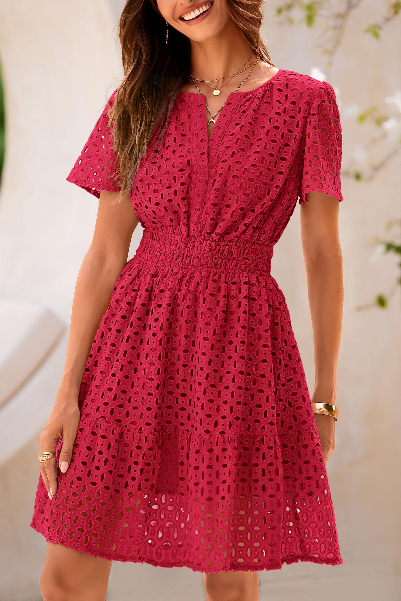 PRETTYGARDEN Womens Summer Short Dress V Neck Short Sleeve A Line Hollow Out Lace Ruffle Cute Casual Beach Party Dresses