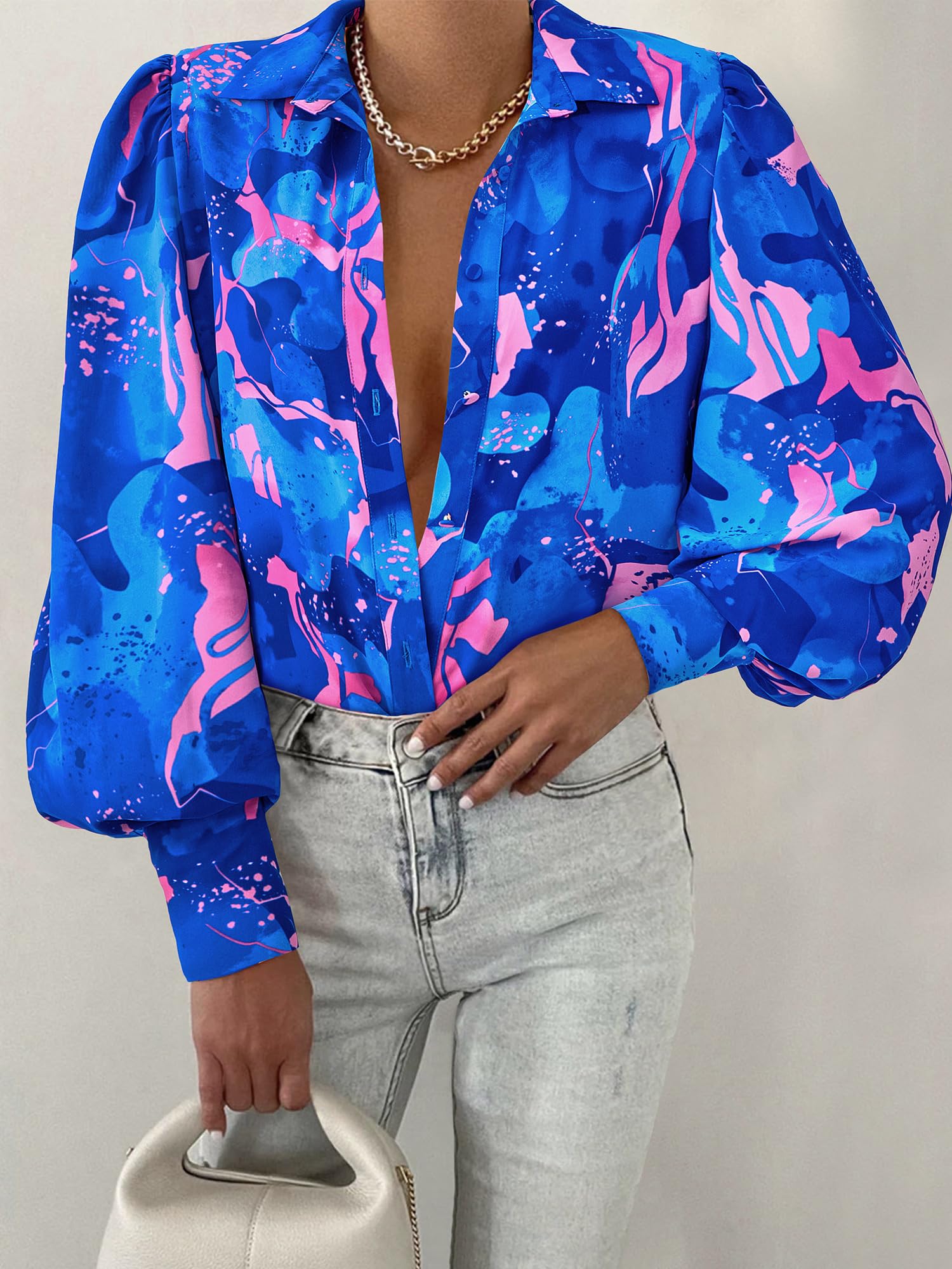 BTFBM Women Fashion Button Down Shirts V Neck Boho Printed Long Sleeve Blouses Dressy Casual Spring Fall Tops