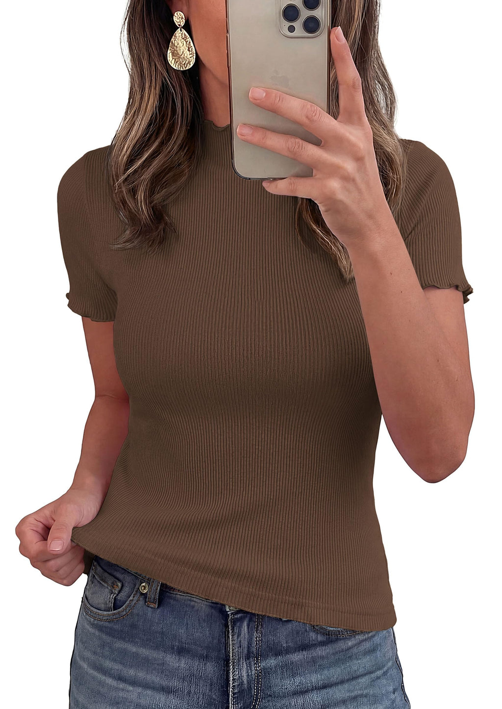 PRETTYGARDEN Short Sleeve T Shirts for Women Summer Clothes  Casual Spring Tops Ruffle Mock Neck Ribbed Fitted Basic Tees