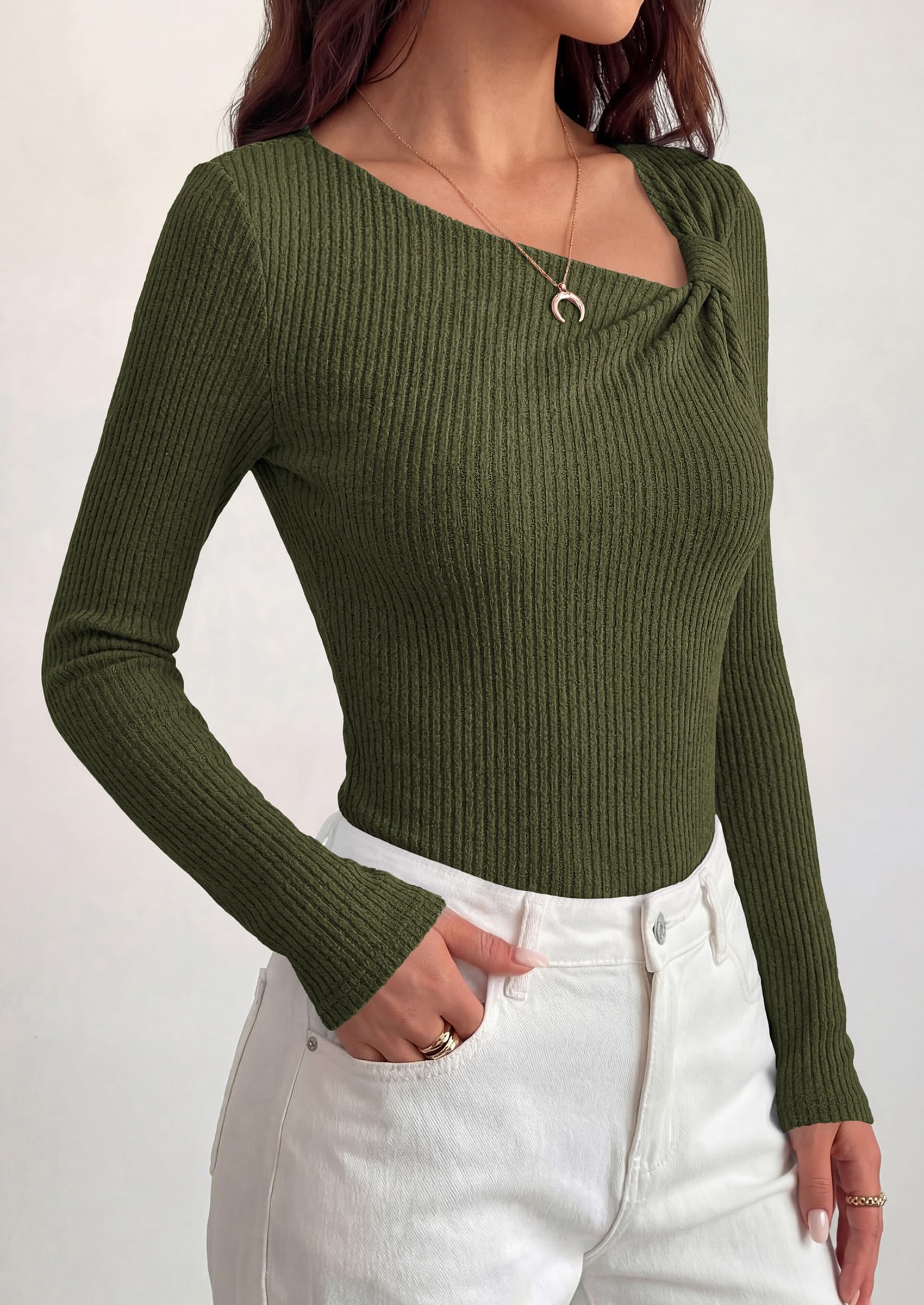 PRETTYGARDEN Womens  Early Fall Fashion Long Sleeve T Shirts Asymmetrical Ribbed Fitted Trendy Going Out Tops Y2K Outfits