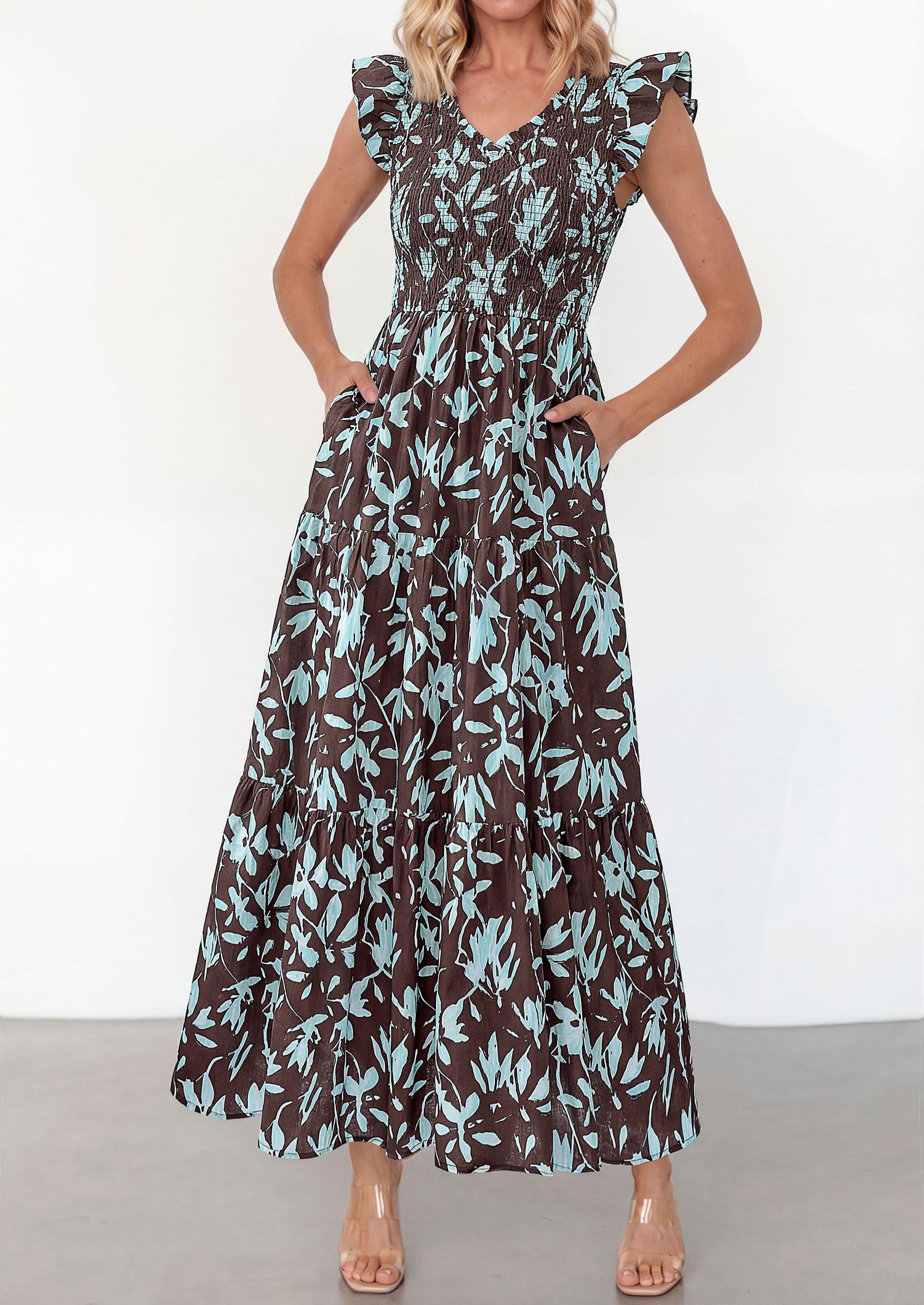 PRETTYGARDEN Women's Boho Floral Maxi Dress Summer Smocked V Neck Ruffle Sleeve Spring Flowy Beach Vacation Sundresses