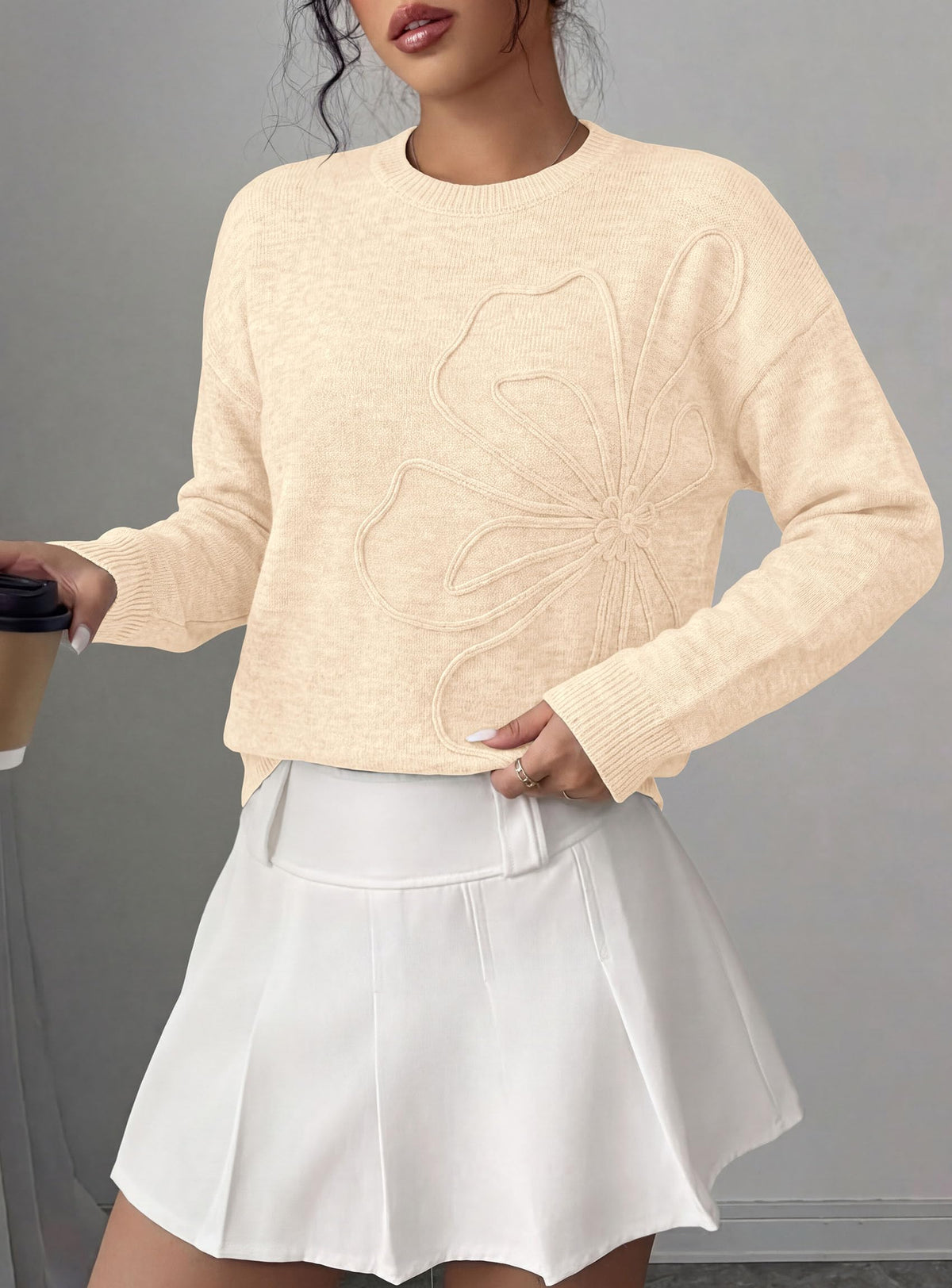 PRETTYGARDEN Women Fall Sweaters Trendy Floral Knit Pullover | Flower Embroidered Tops, Crew Neck, Soft Long Sleeve Shirts, Cozy Winter Layering Clothes for Casual Outing, Holiday Party