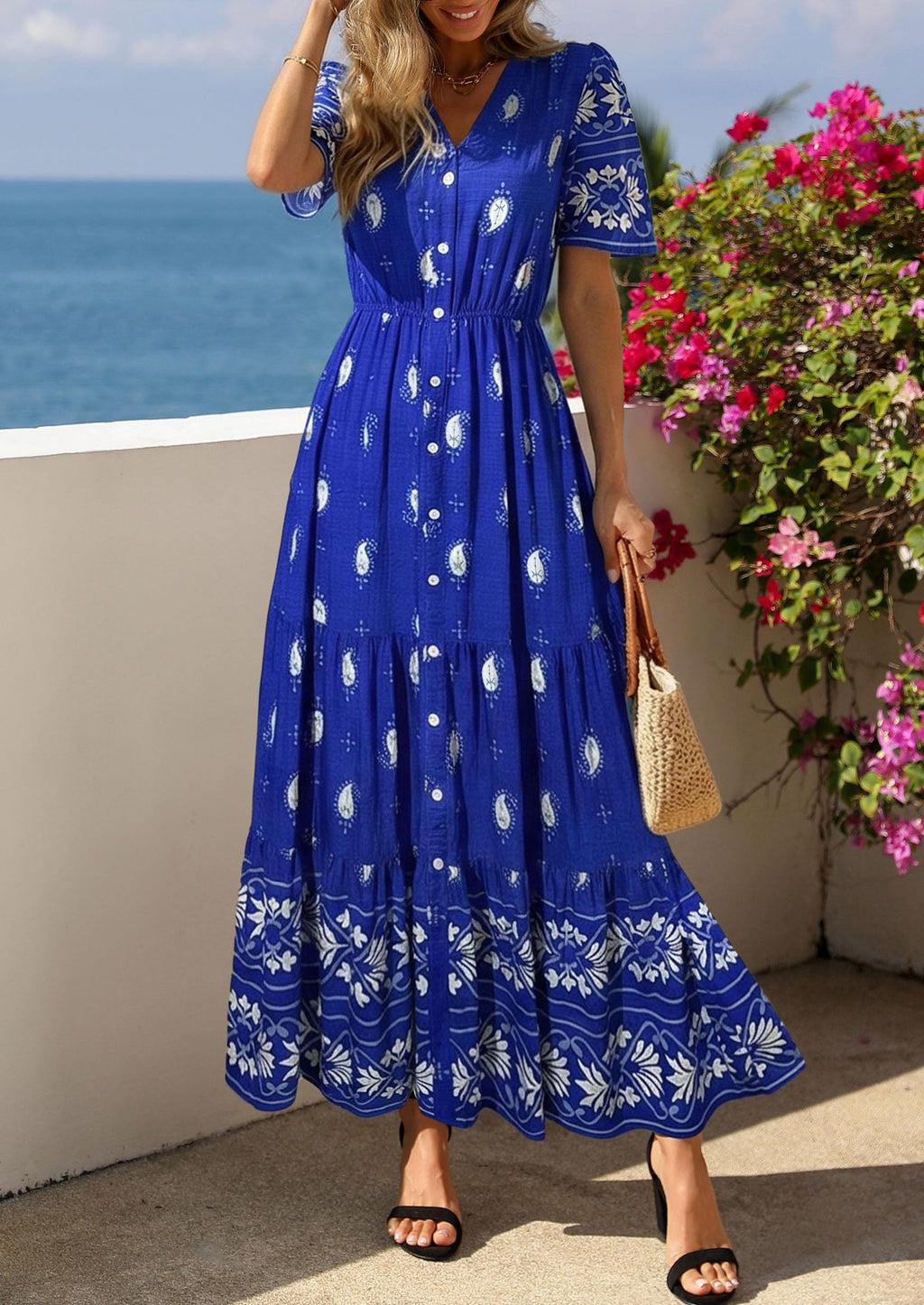 PRETTYGARDEN Womens Summer Boho Maxi Dress Trendy Short Sleeve V Neck Flowy Beach Floral Dresses with Pockets