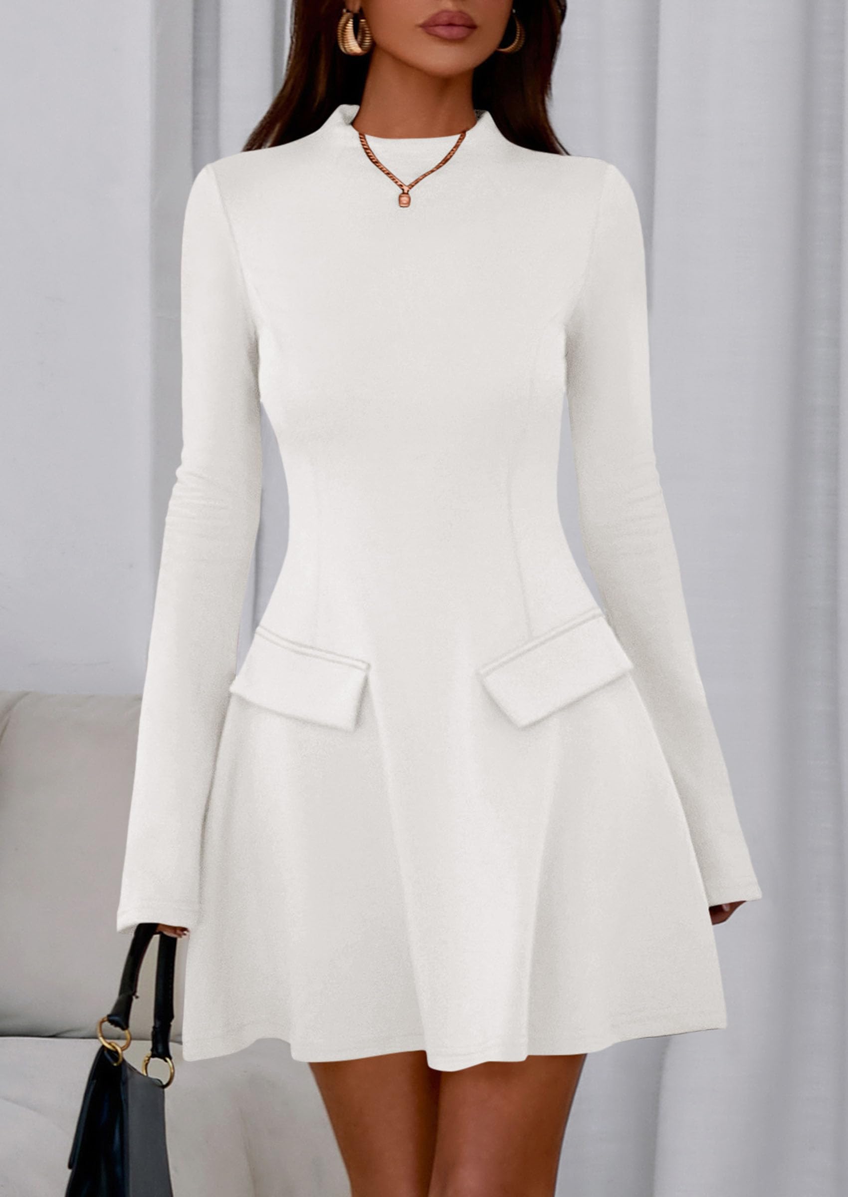 PRETTYGARDEN Women's Elegant Holiday Short Dress  Fall Bell Long Sleeve Mock Neck Work Business Casual Party Mini Dress