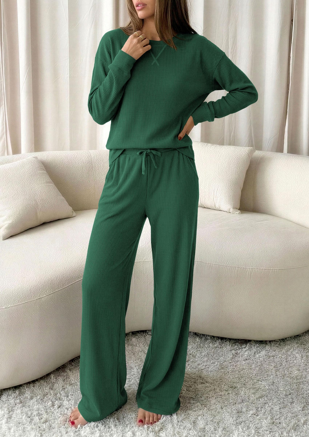 PRETTYGARDEN Sweatsuits Women 2 Piece Airport Travel Outfits | Ribbed Knit Lounge Sets, Casual Athleisure Wear, Matching Long Sleeve Shirts & Wide Leg Pants Pockets, Fall Winter Clothes