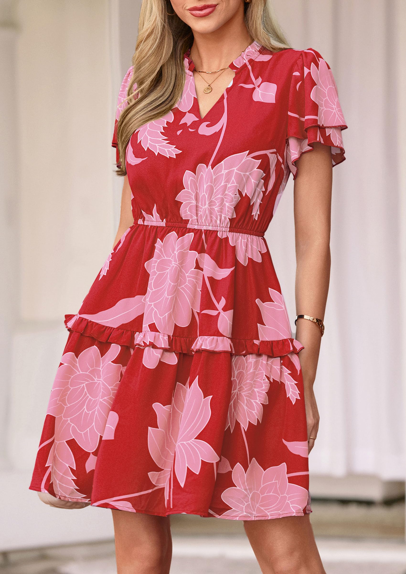 PRETTYGARDEN Womens Summer Floral Mini Dress  Trendy Ruffle Short Sleeve V Neck Flowy A Line Short Beach Dresses