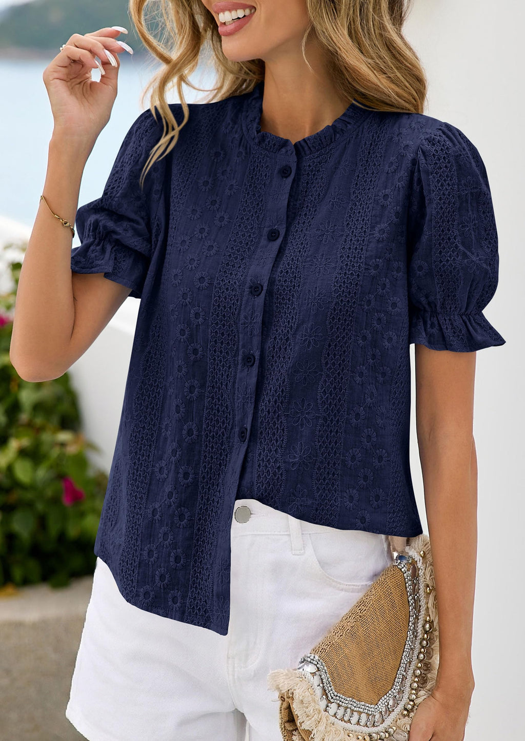 PRETTYGARDEN Womens Puff Short Sleeve Tops  Summer Spring Button Down Boho Embroidered Cute Blouse Dressy Casual Shirts