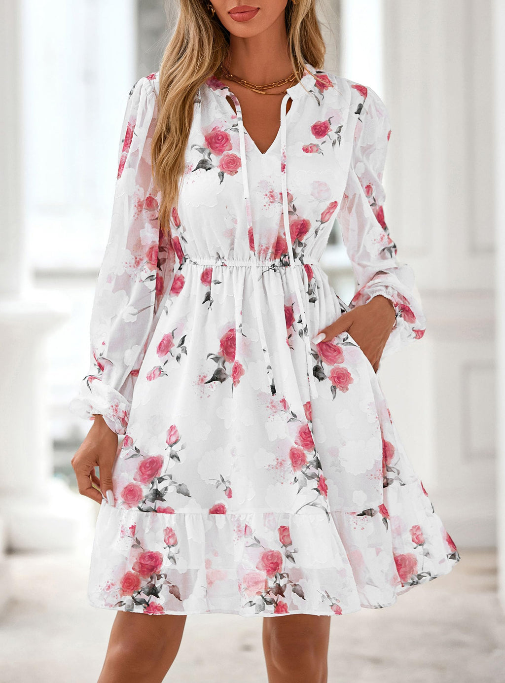 PRETTYGARDEN Women's Fall Boho Dresses  Floral Long Sleeve V Neck Mini Flowy Wedding Guest Dress Trendy Vacation Outfits