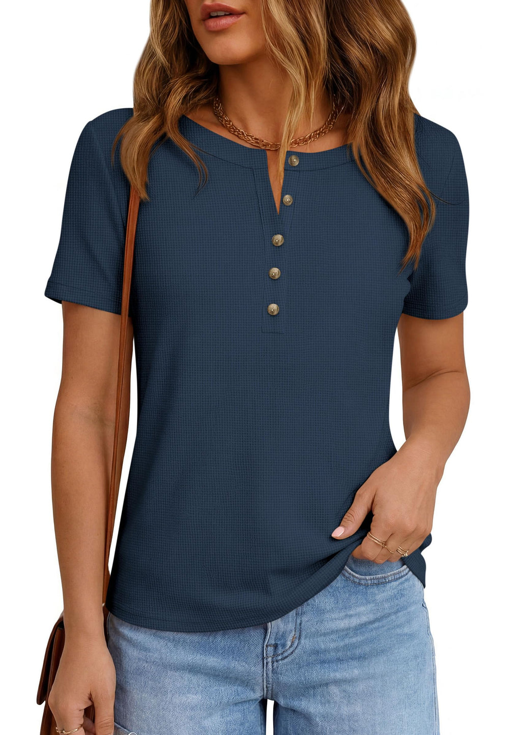 PRETTYGARDEN Waffle Knit Tops for Women Short Sleeve Henley Shirts  Summer Blouses Dressy Casual Spring Fashion Clothes