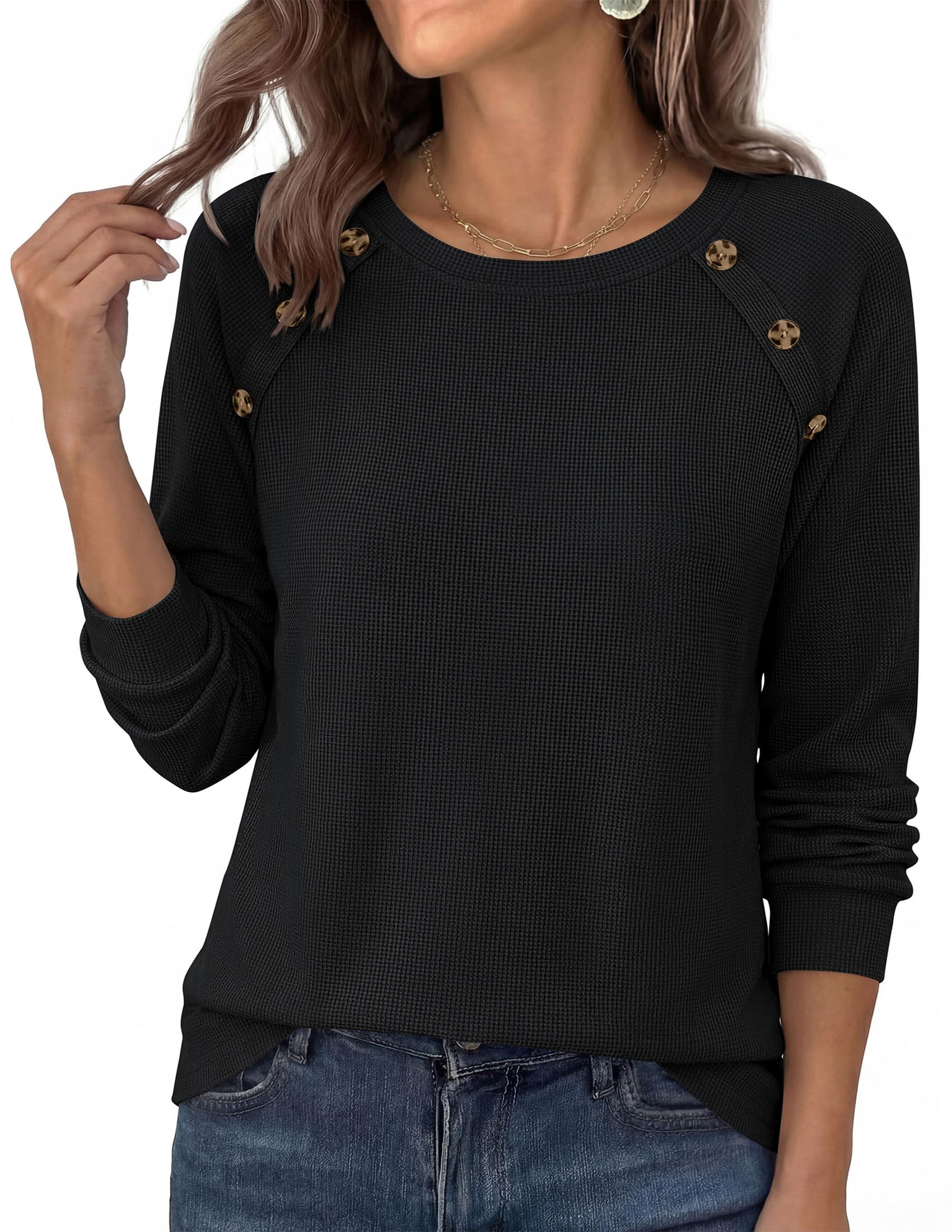 PRETTYGARDEN Long Sleeve Shirts for Women Waffle Knit Tops Fall Fashion Dressy Casual Loose Tunic Blouse Winter Clothing