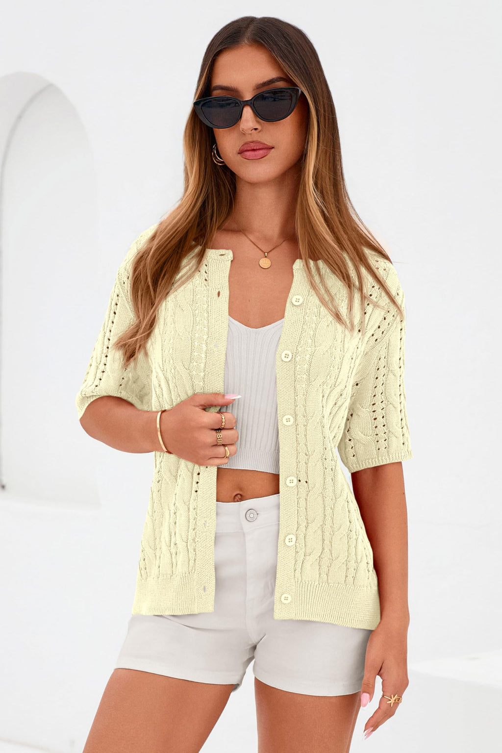 FreshPretty  Women Summer Cable Knit Crochet Cardigan Sweaters Casual Button Short Sleeve Sweater Cute Beach Hollow Out Knit Top