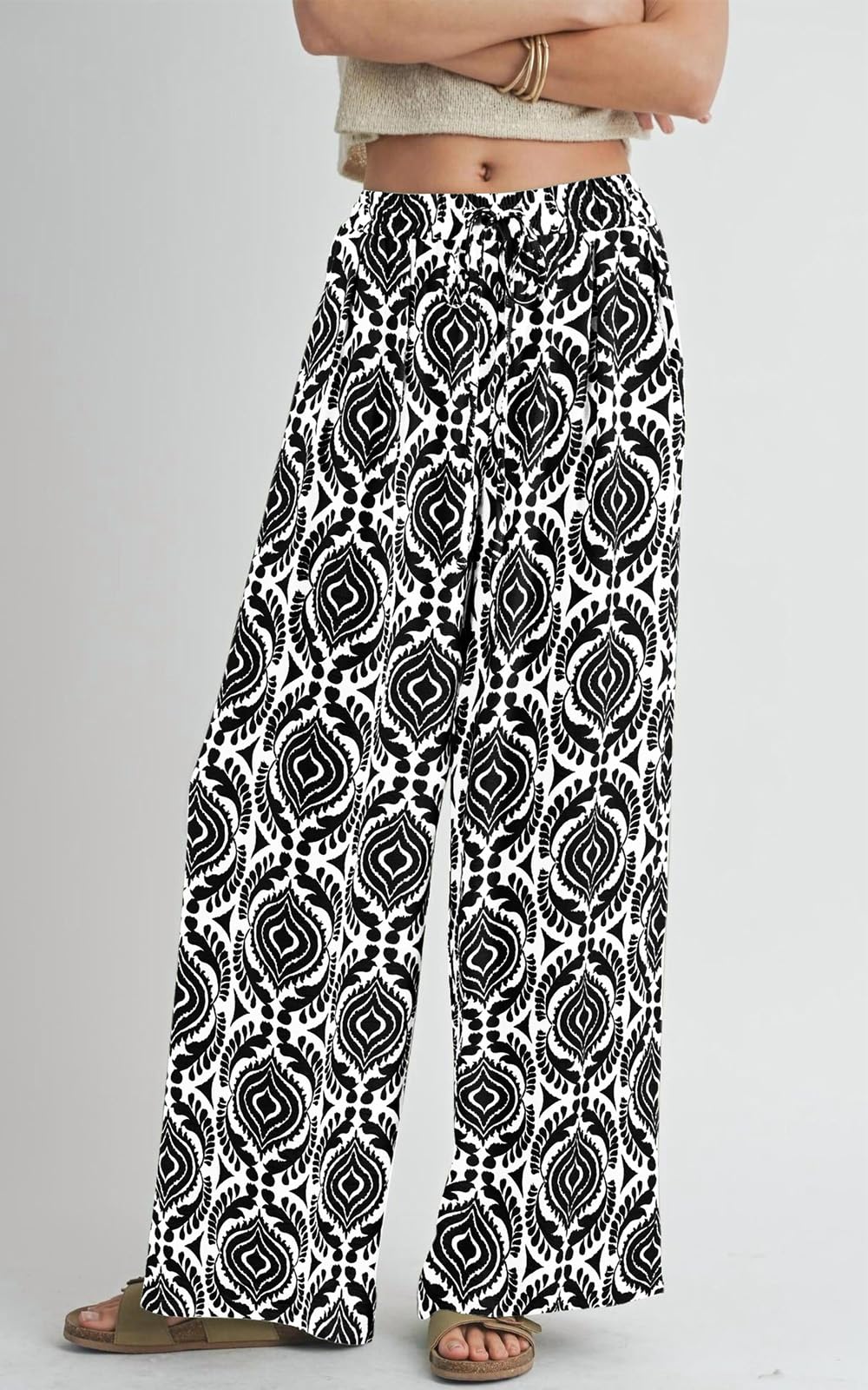 PRETTYGARDEN Womens Pants Elastic Waist Floral Lightweight Palazzo Pants for Women Casual Lounge Wide Leg Pants Woman