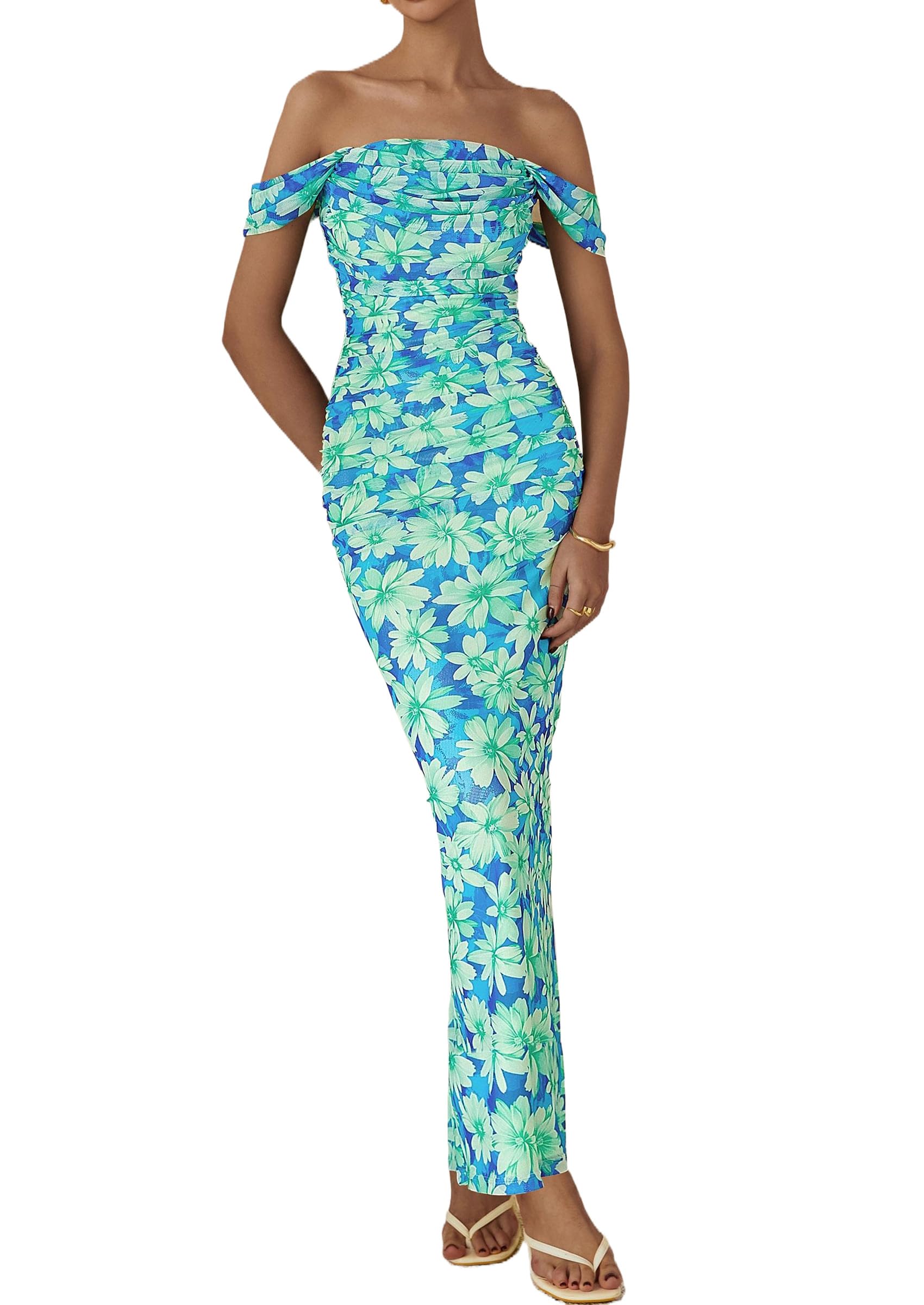 PRETTYGARDEN Cocktail Dresses for Women Summer Floral Off Shoulder Ruched Mesh Elegant Wedding Guest Maxi Dress